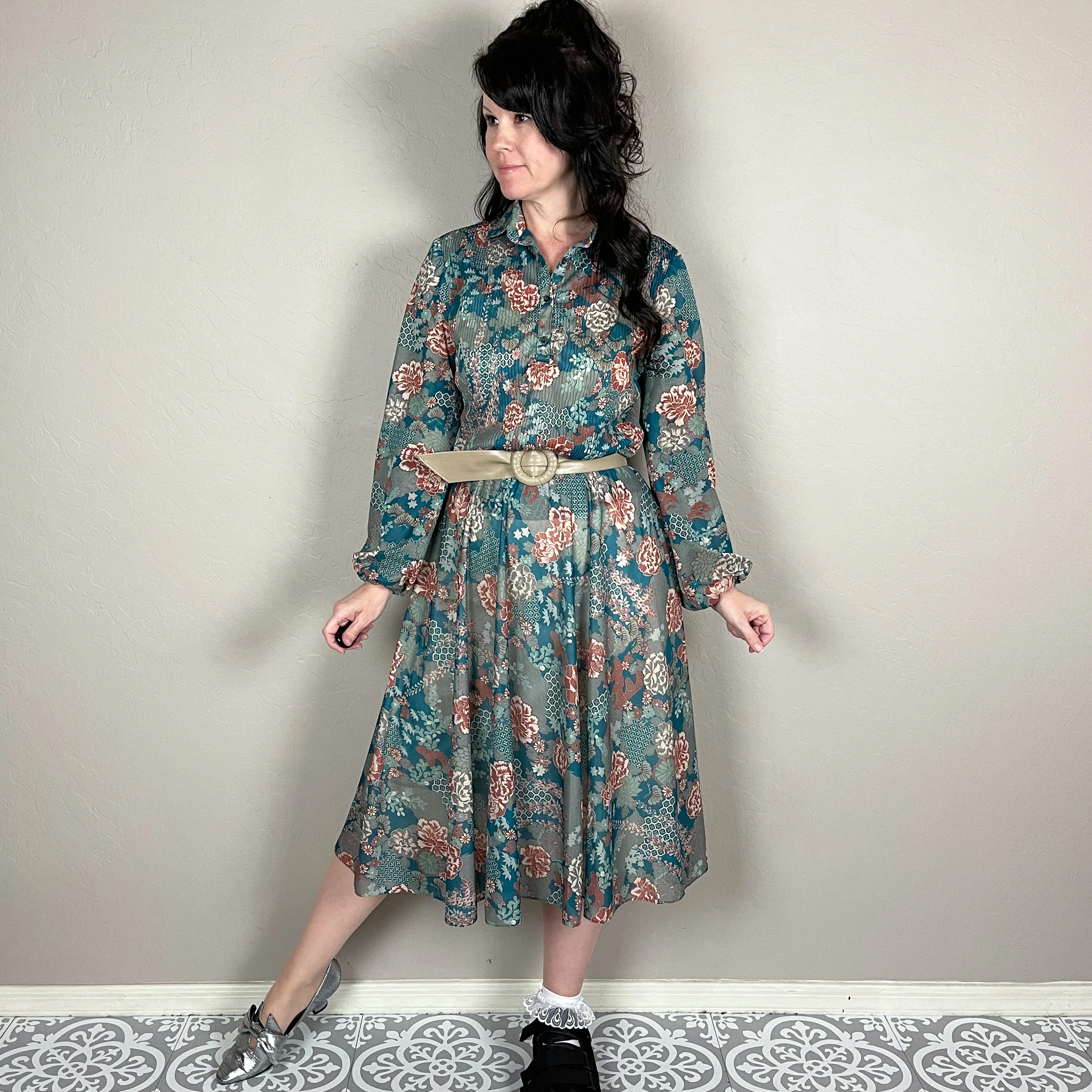 60s/70s Green Floral Two Piece Top And Skirt Set - Image 5