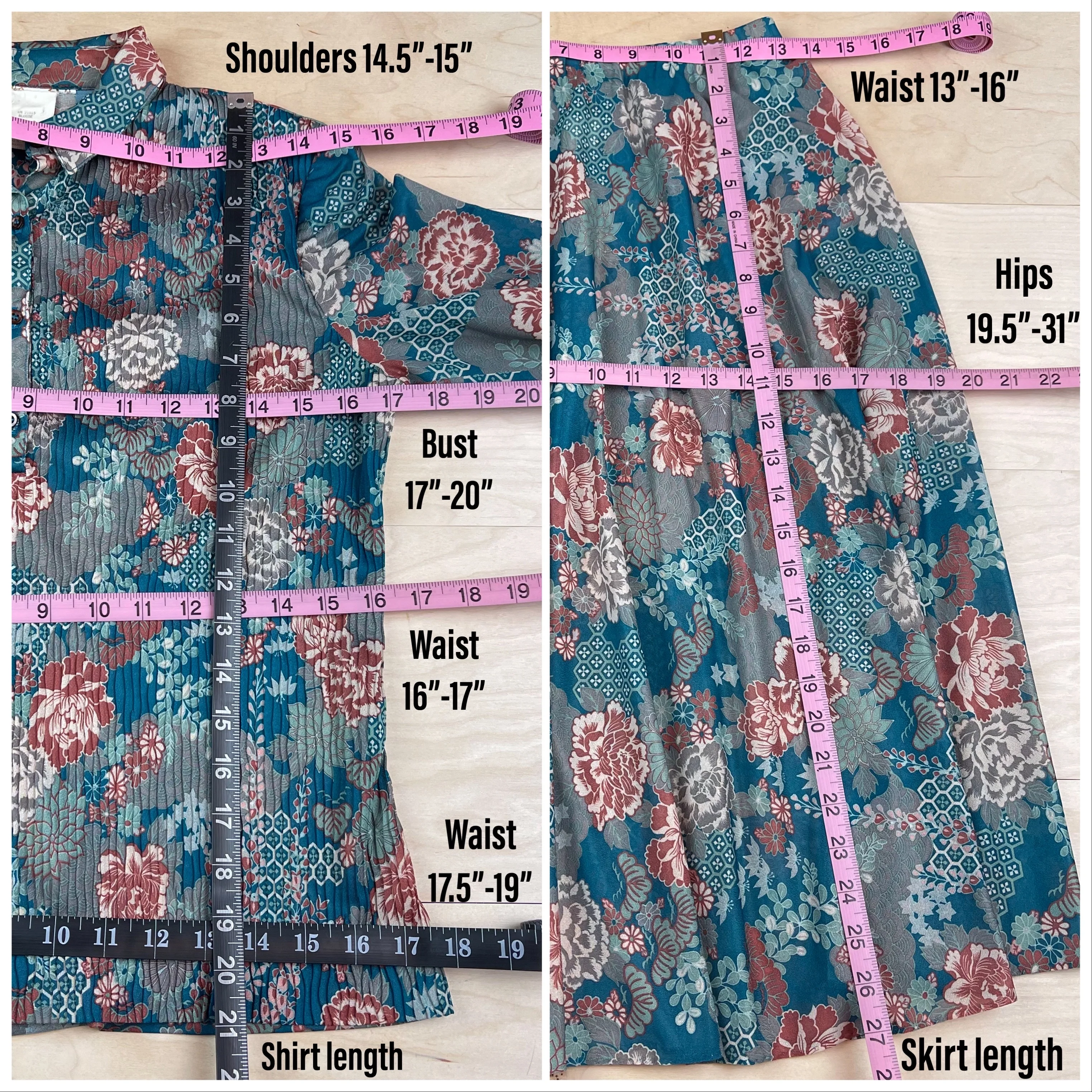60s/70s Green Floral Two Piece Top And Skirt Set - Image 7