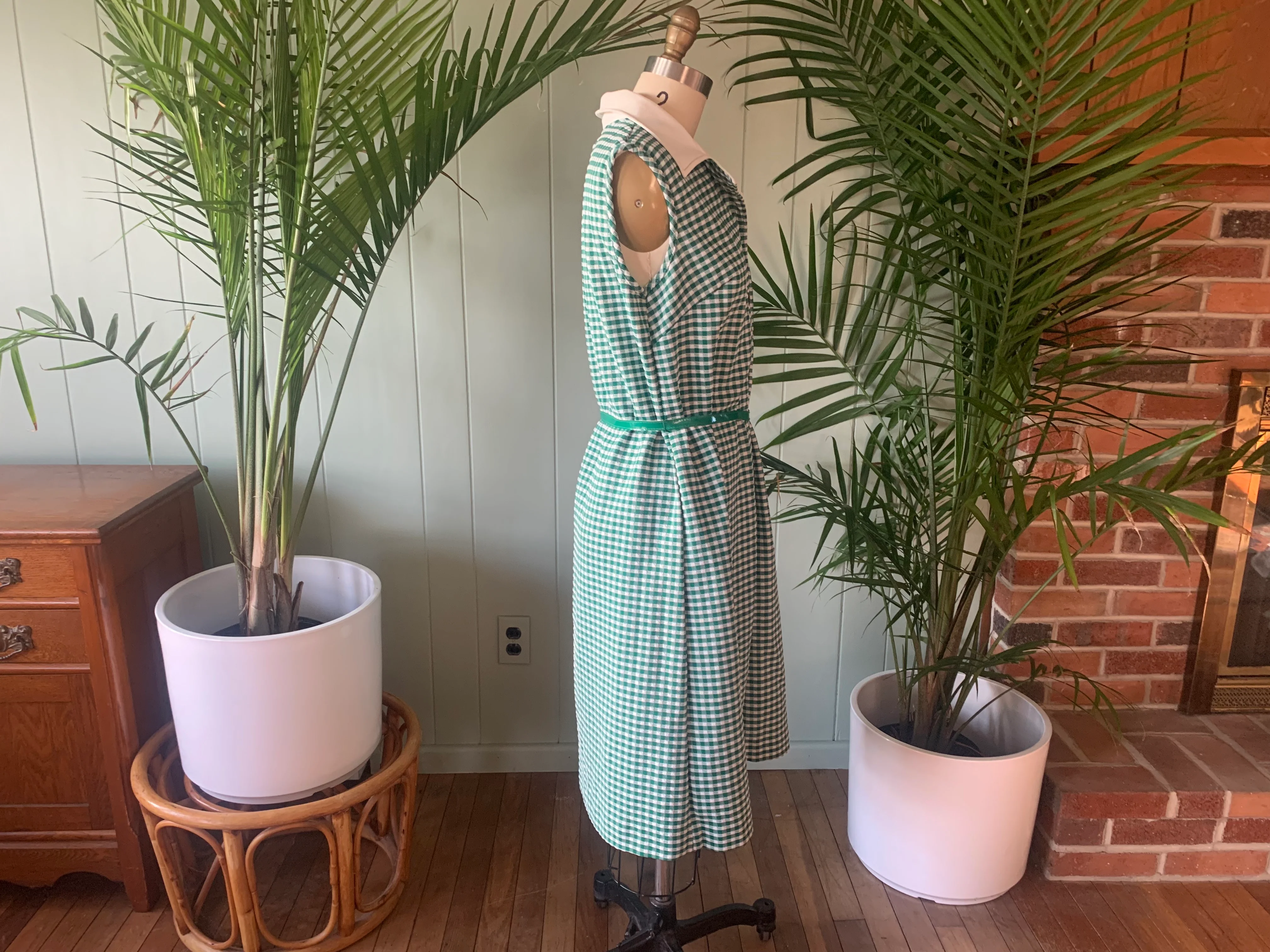 60s/70s Green White Gingham Double Knit Sleeveless Dress - Image 8