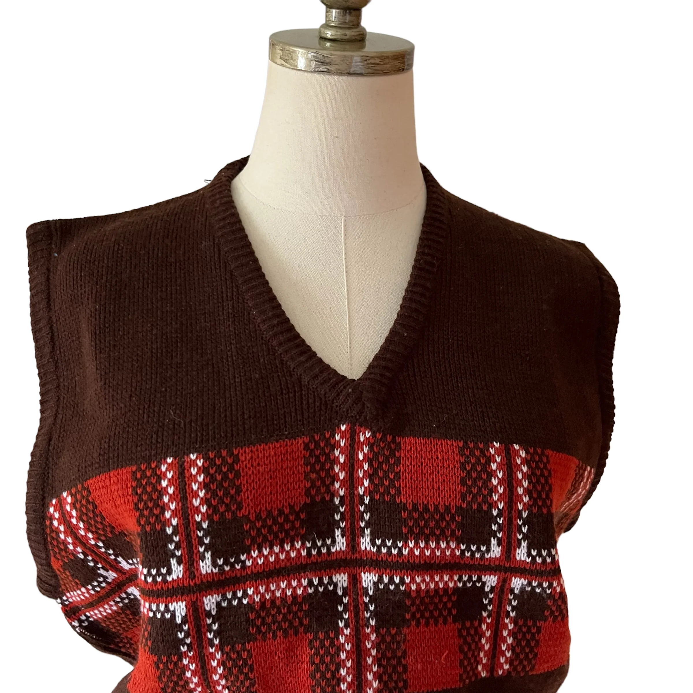 60s/70s Groovy Plaid Knit Sweater Vest By Fully Fashioned - Image 3