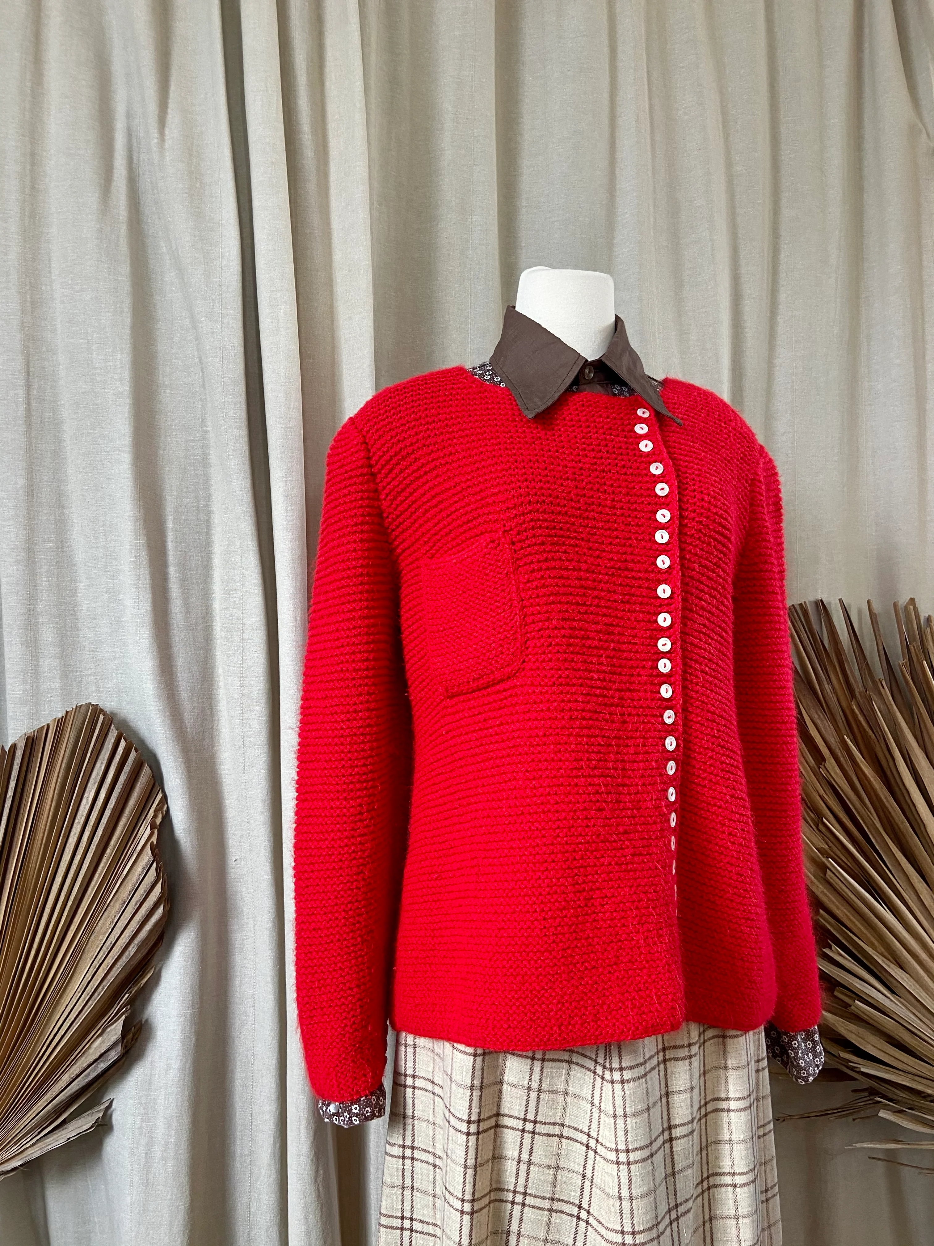 60s/70s Hand Knit Wool Slouchy Pullover Sweater In Red - Image 4