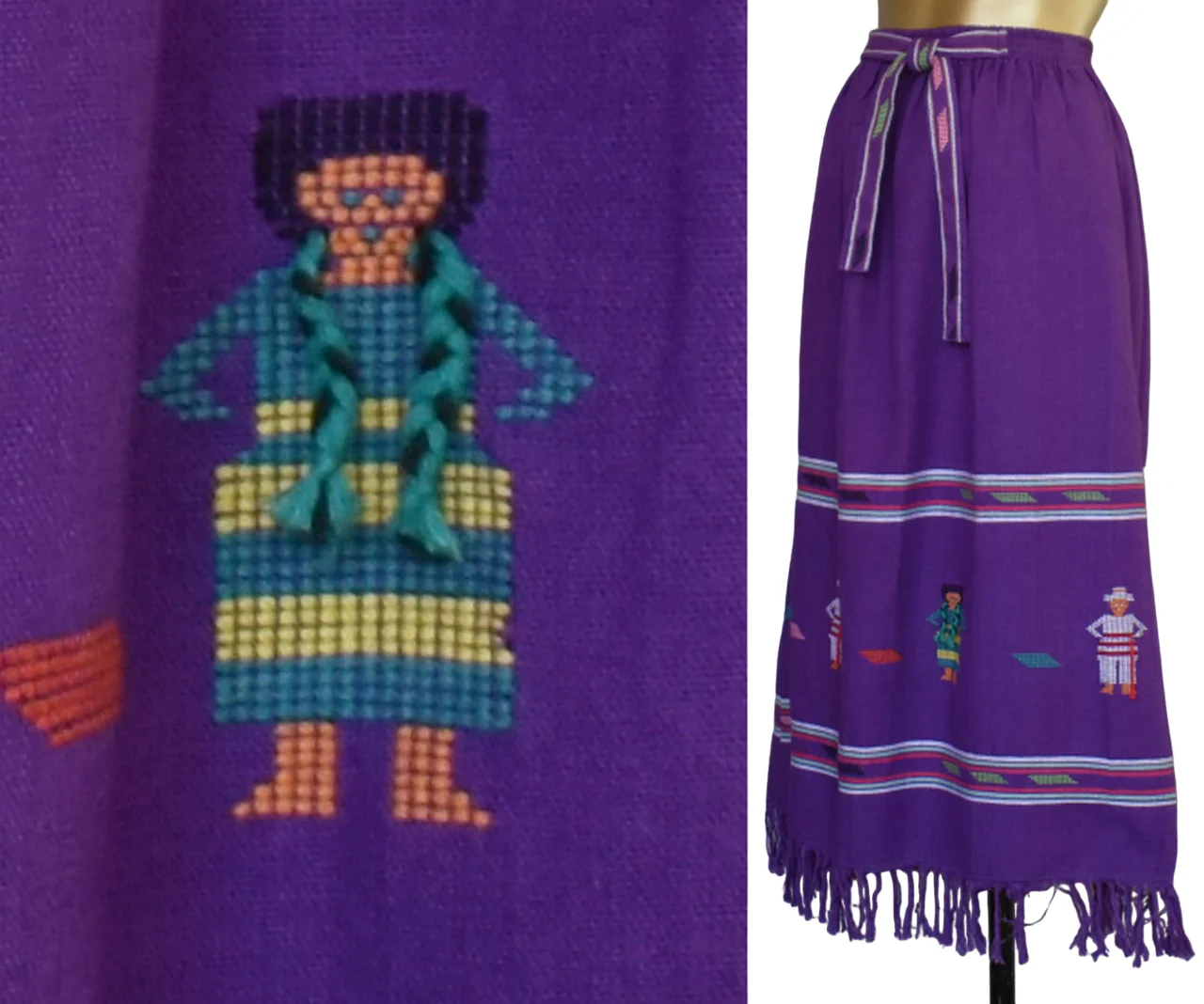 60s/70s Hand Woven Skirt 3-d  Little People M L by Ffts Imports of Texas / Made In Guatemala - Image 4