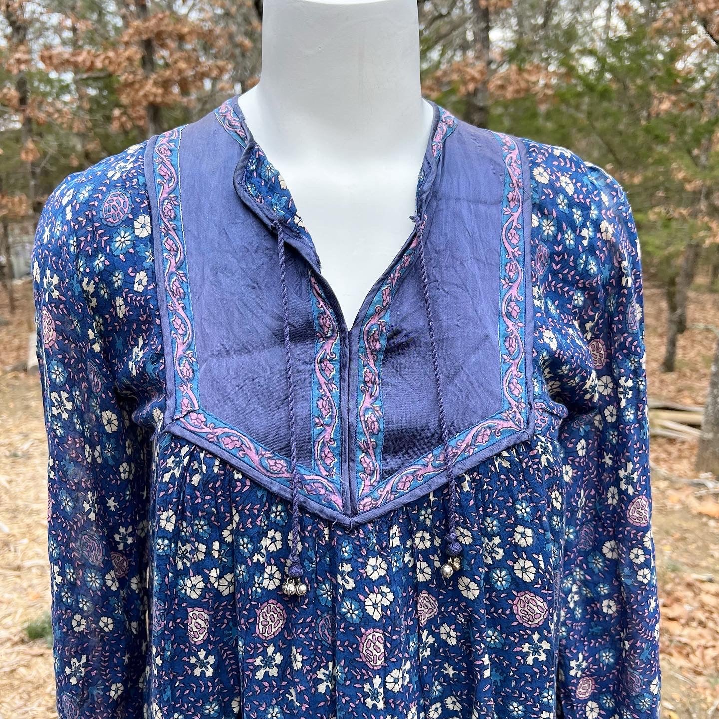 60s/70s Cotton Block Print Gauze Dress Silk Details - Image 3