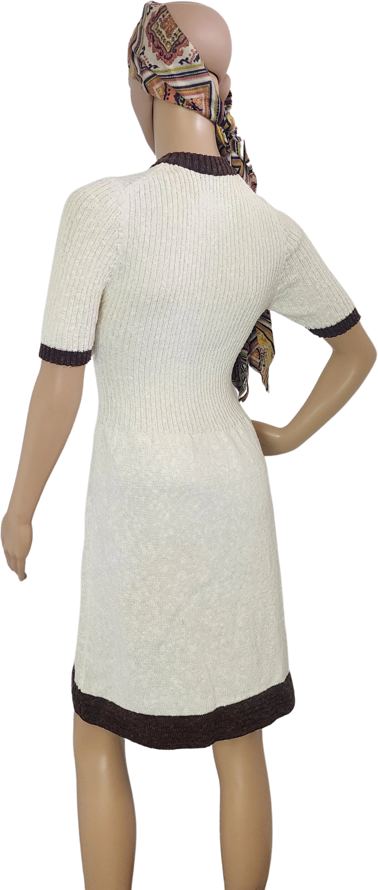 60s/70s Ivory Brown Sweater Mini Dress Ribbed Bodice - Image 2