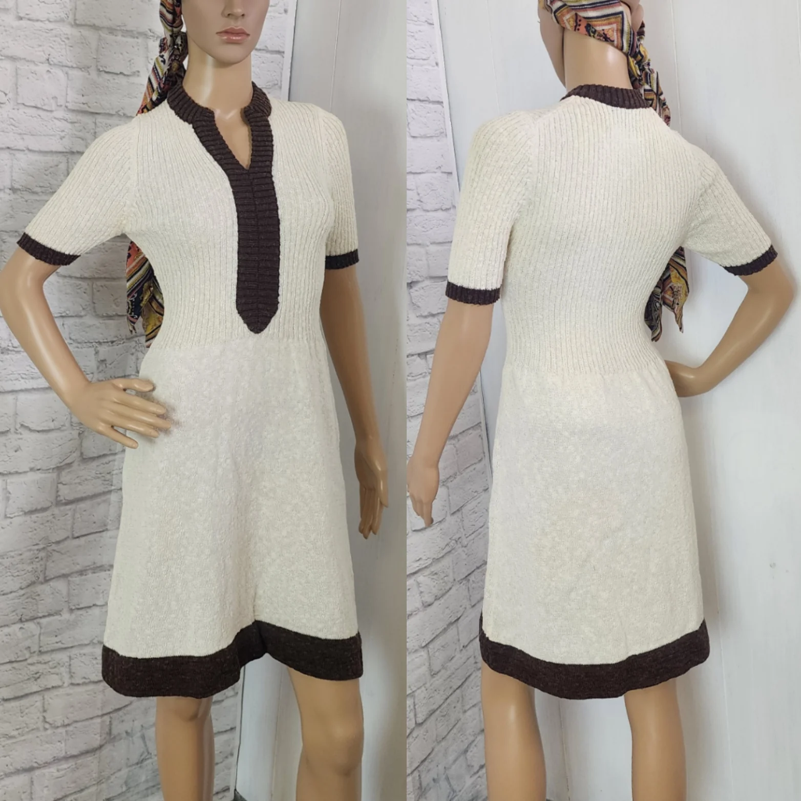 60s/70s Ivory Brown Sweater Mini Dress Ribbed Bodice - Image 3