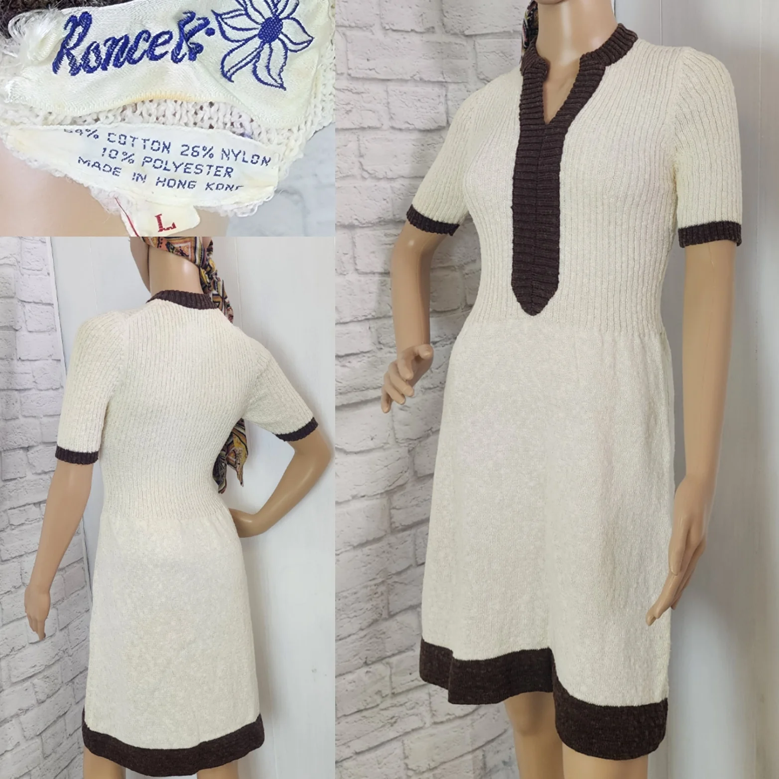 60s/70s Ivory Brown Sweater Mini Dress Ribbed Bodice - Image 4