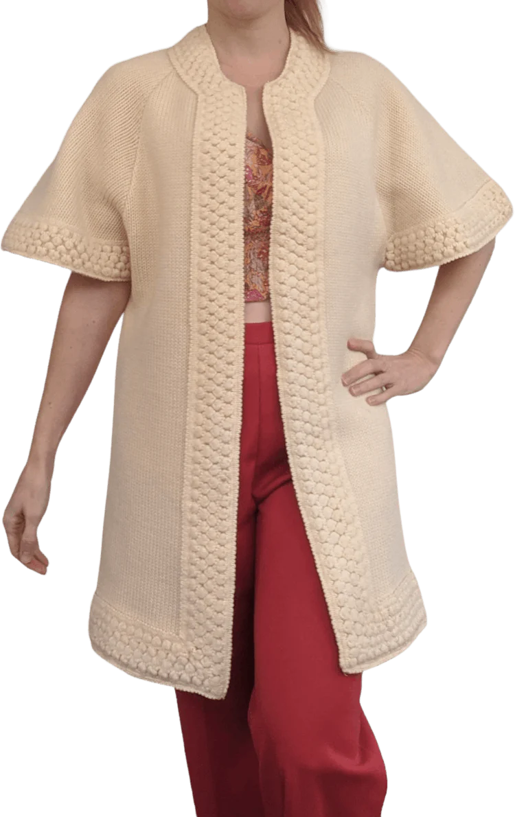 60s/70s Ivory Sweater Cream Warm Open Front S