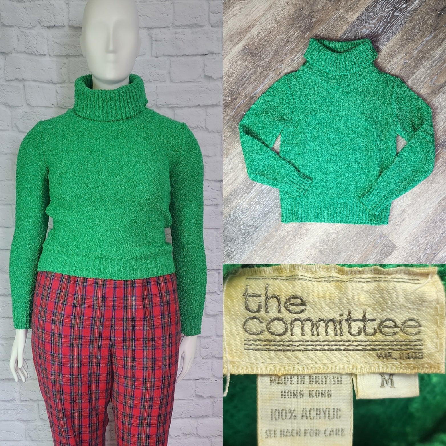 60s/70s Kelly Green Turtleneck Sweater Crop Waist Length By The Committee - Image 4
