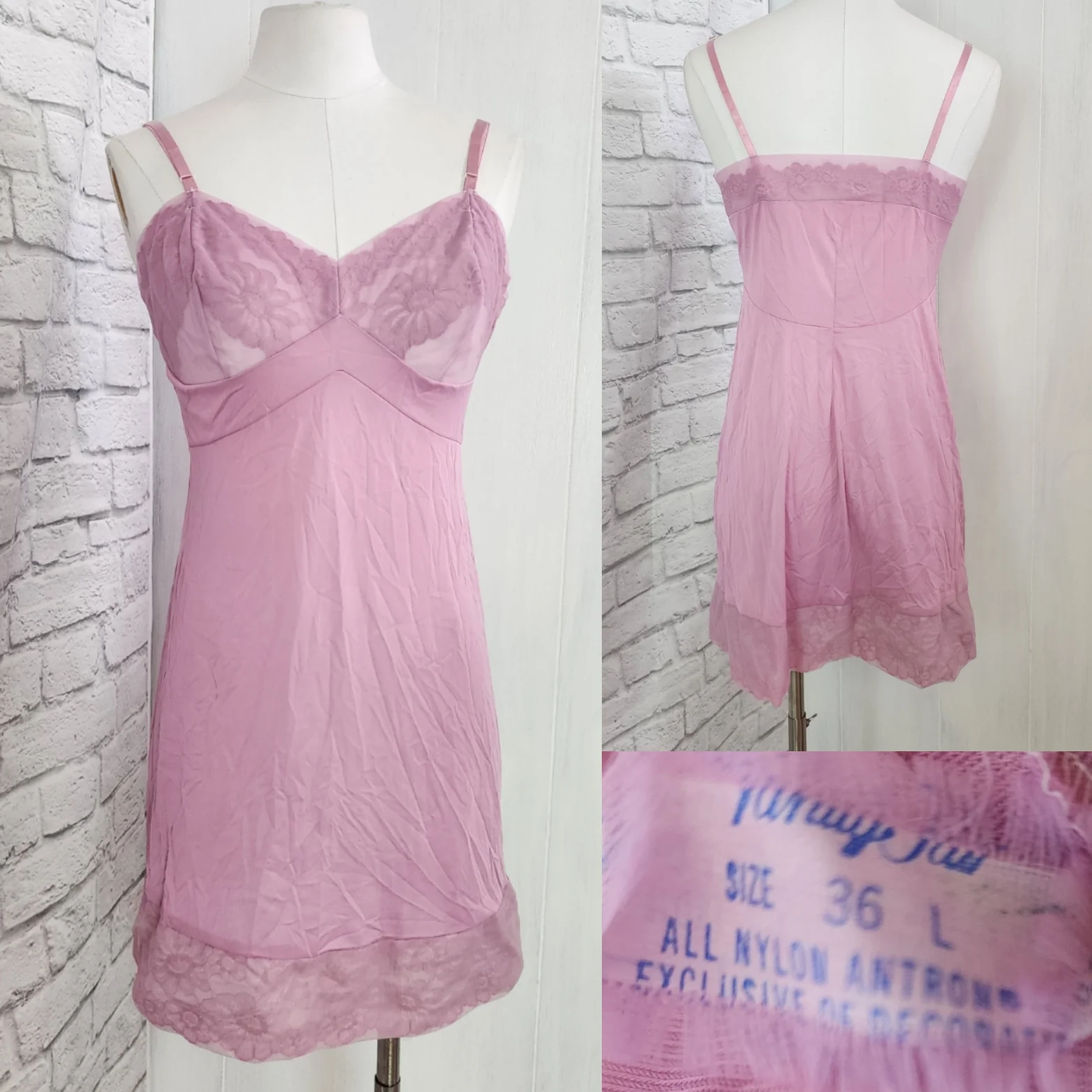 60s/70s Lace Bell Sleeve Mini Dress Pink Slip Set By Psychedelic Pinup - Image 3
