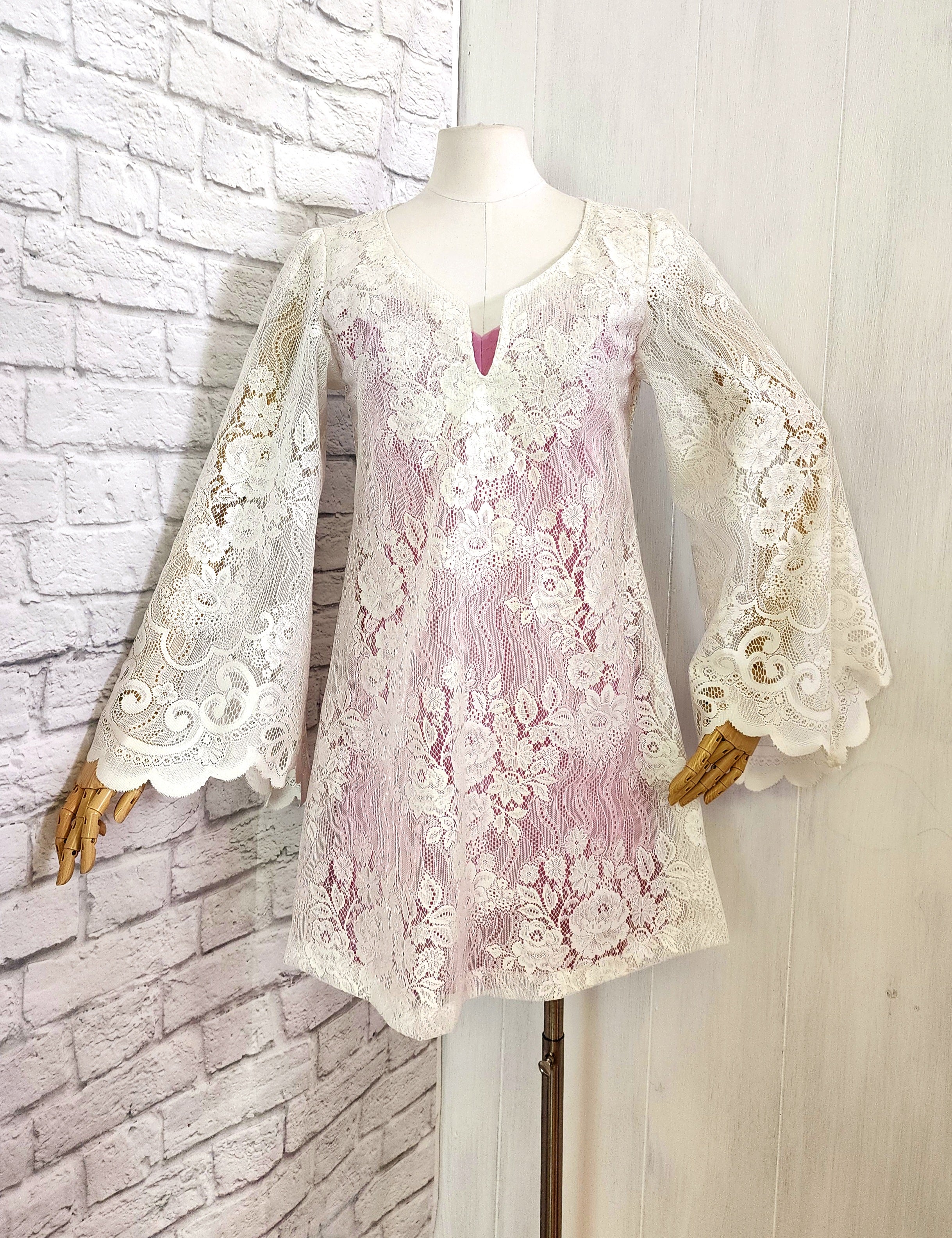60s/70s Lace Bell Sleeve Mini Dress Pink Slip Set By Psychedelic Pinup - Image 5