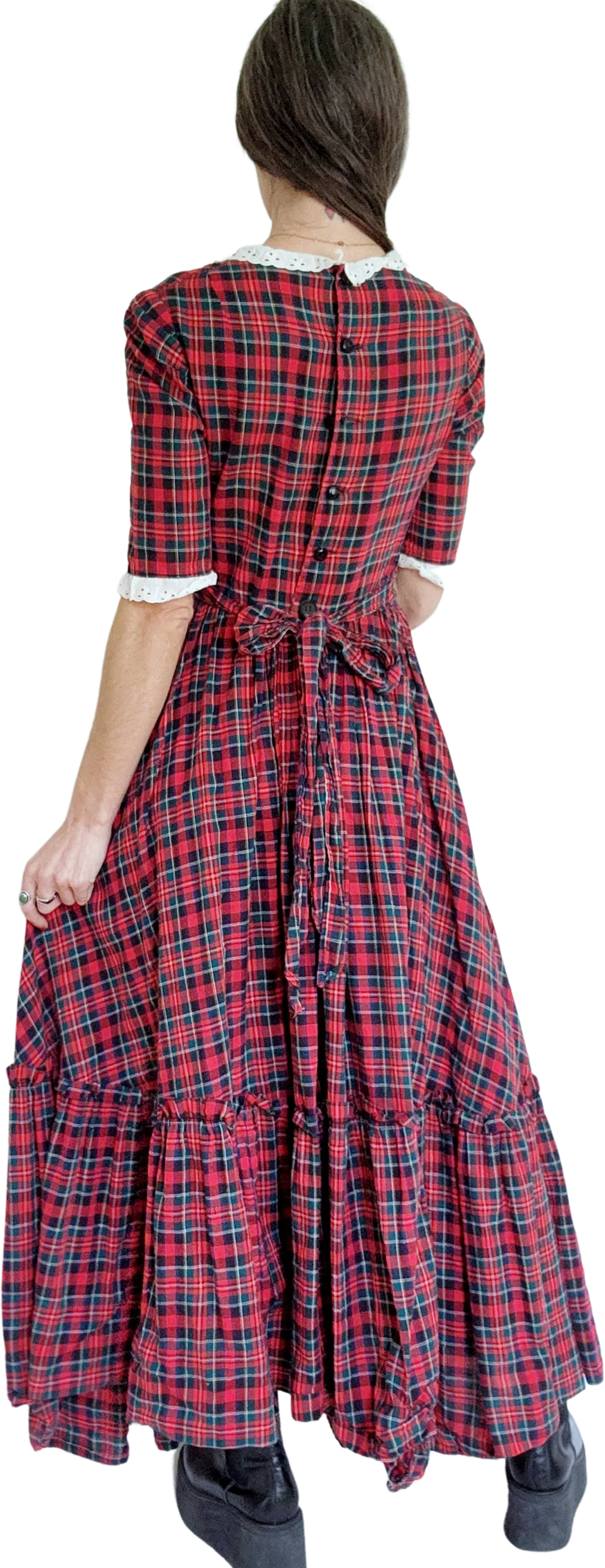 60s/70s Long Red Plaid Prairie Dress Theater Costume - Image 2