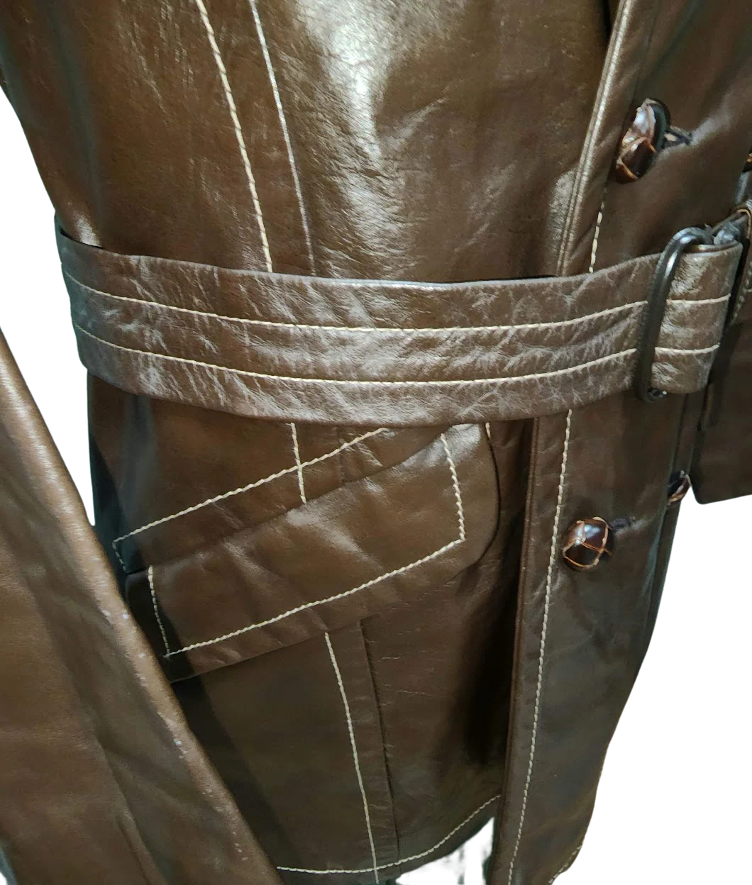 60s/70s Men's Dk Brown Leather Jacket Belt Faux Fur Lining - Image 2