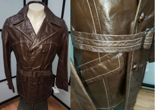 60s/70s Men's Dk Brown Leather Jacket Belt Faux Fur Lining - Image 3