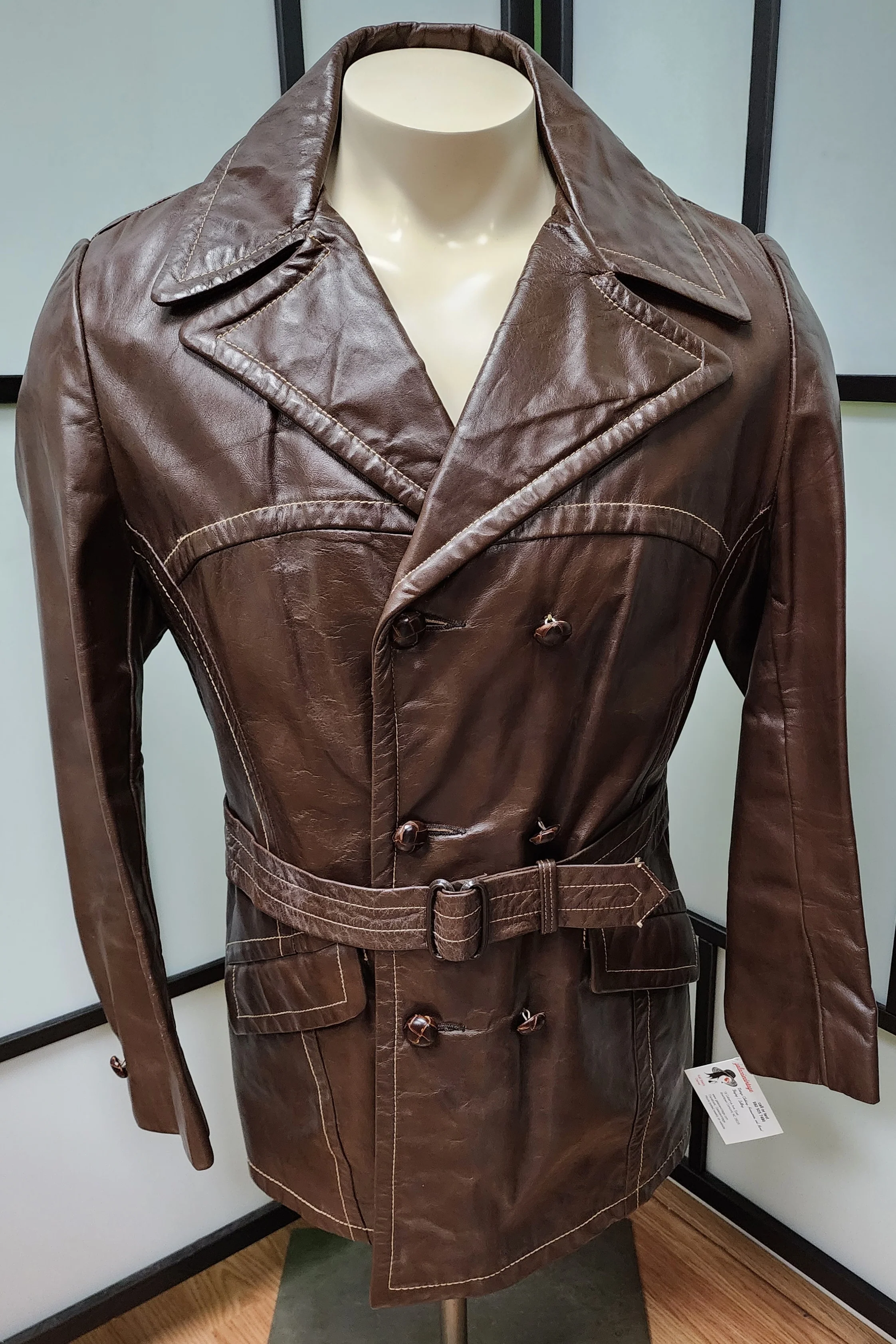 60s/70s Men's Dk Brown Leather Jacket Belt Faux Fur Lining - Image 7