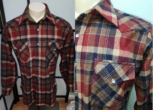 60s/70s Men's Red Blue Beige Plaid Wool Snap Front Shirt By Pendleton - Image 3