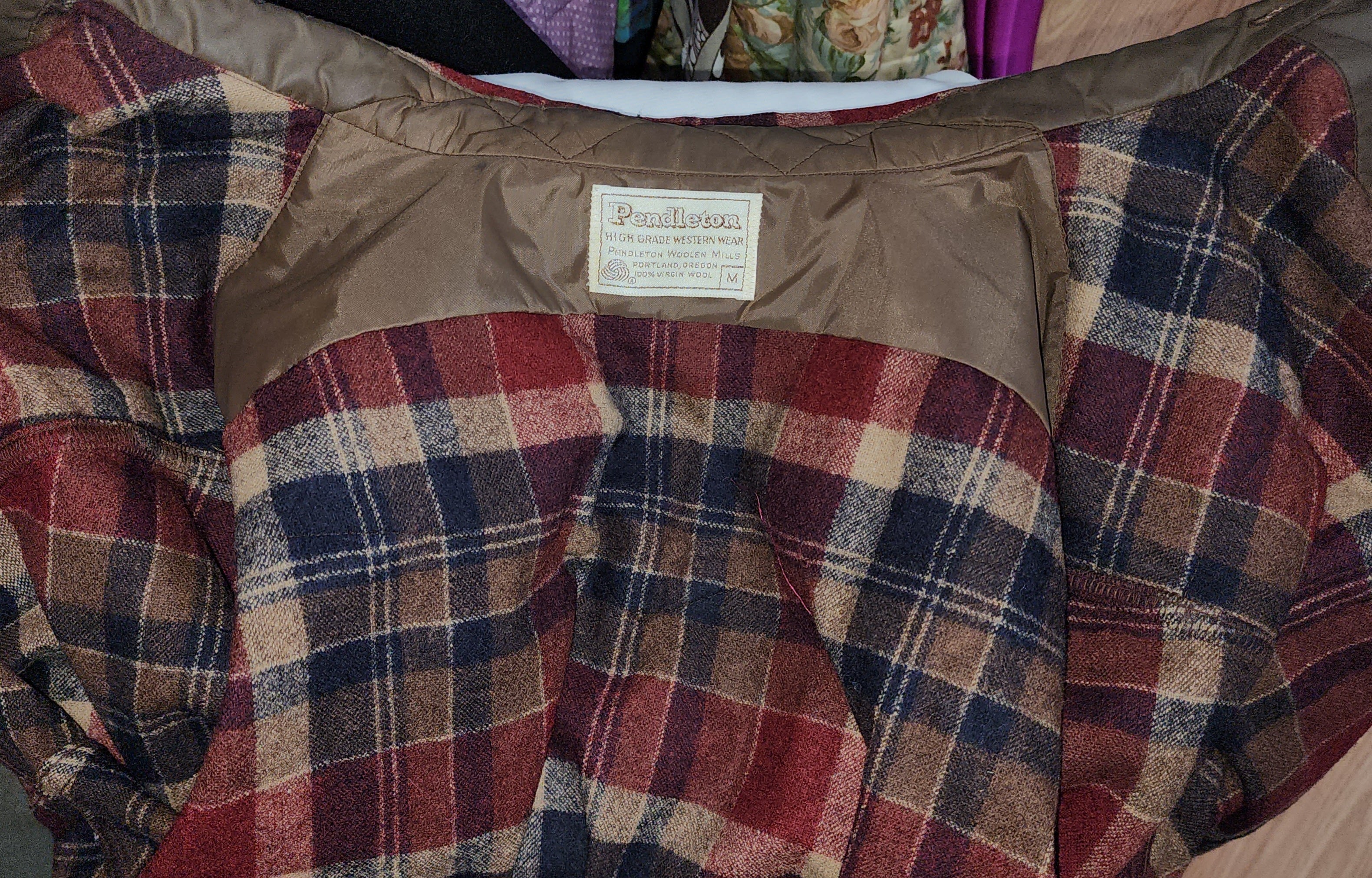 60s/70s Men's Red Blue Beige Plaid Wool Snap Front Shirt By Pendleton - Image 5