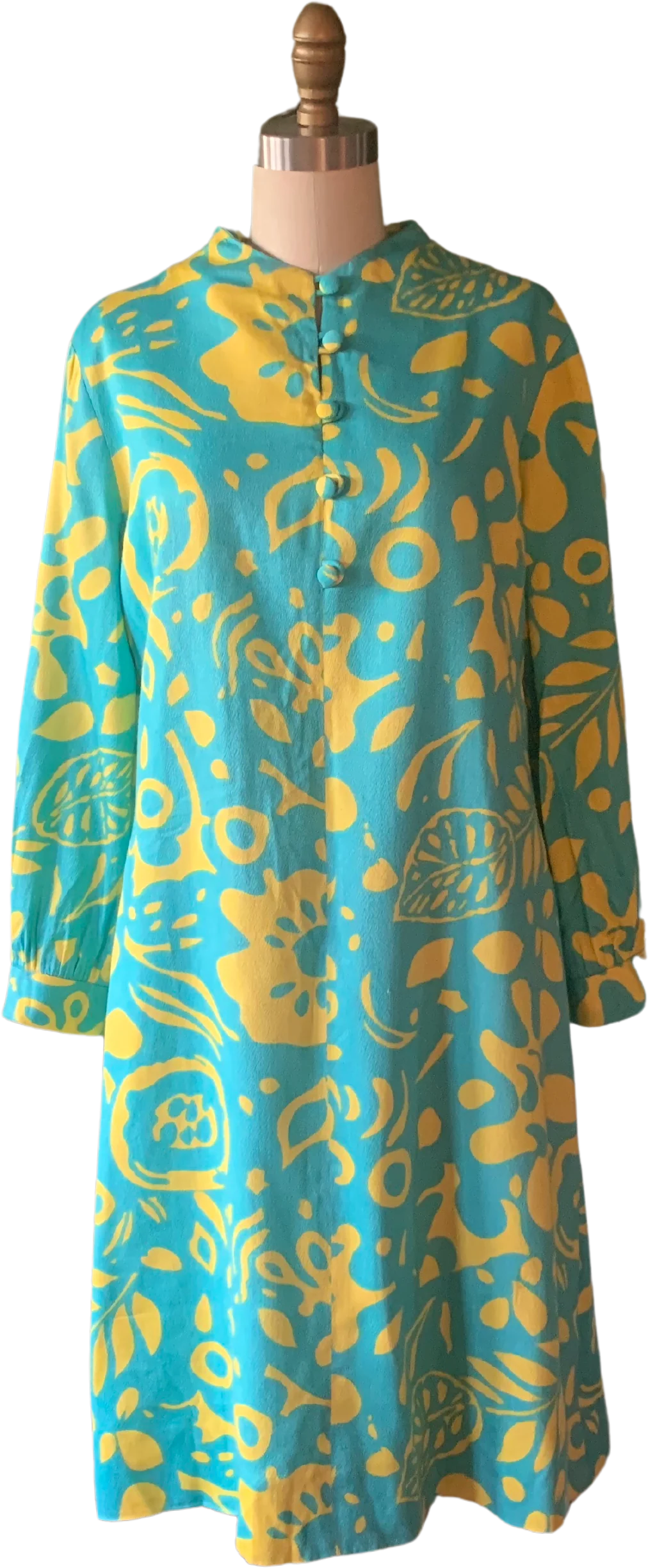 60s/70s Mod Blue And Yellow Abstract Floral Dress By Harold Alan