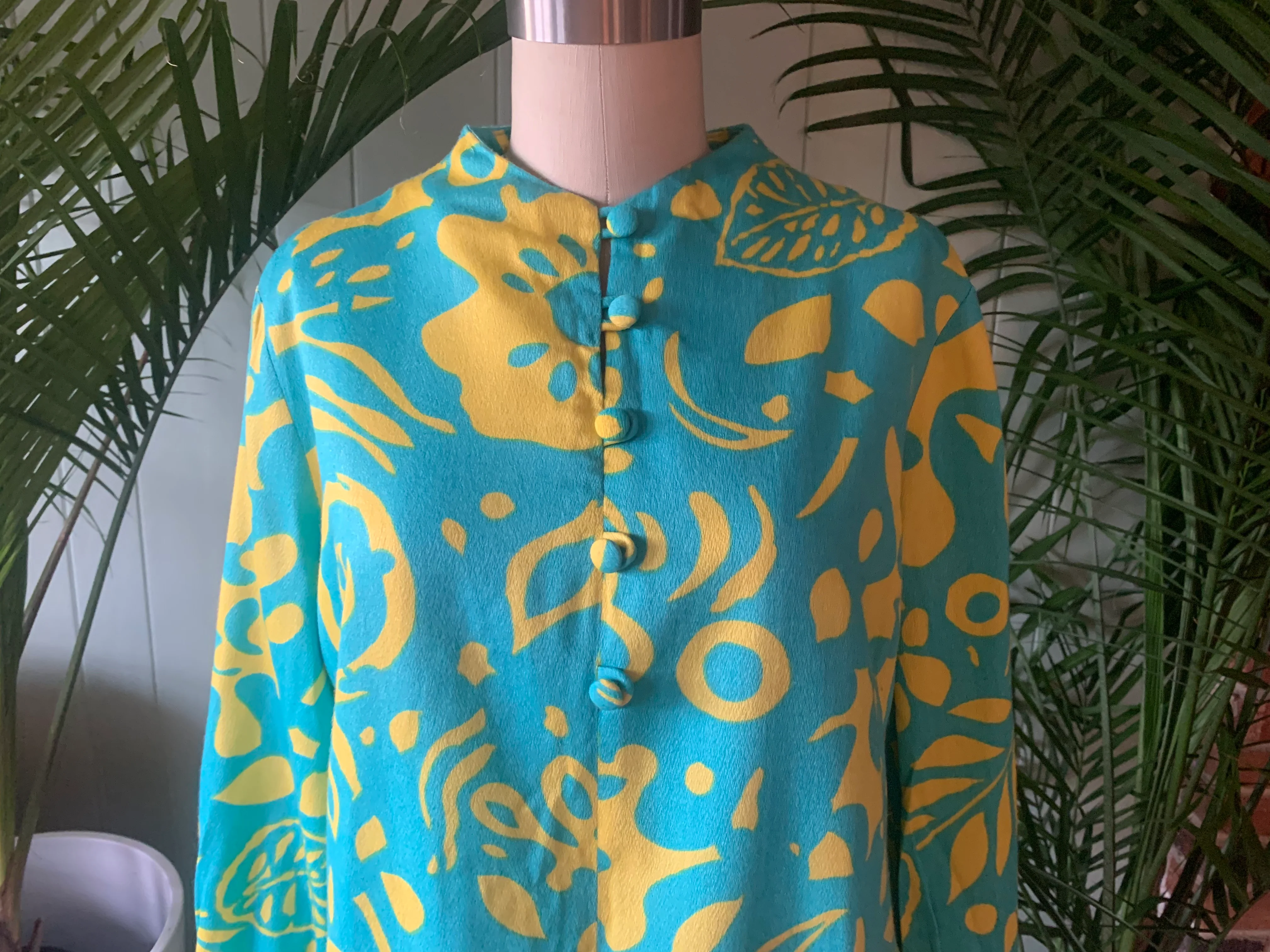 60s/70s Mod Blue And Yellow Abstract Floral Dress By Harold Alan - Image 3