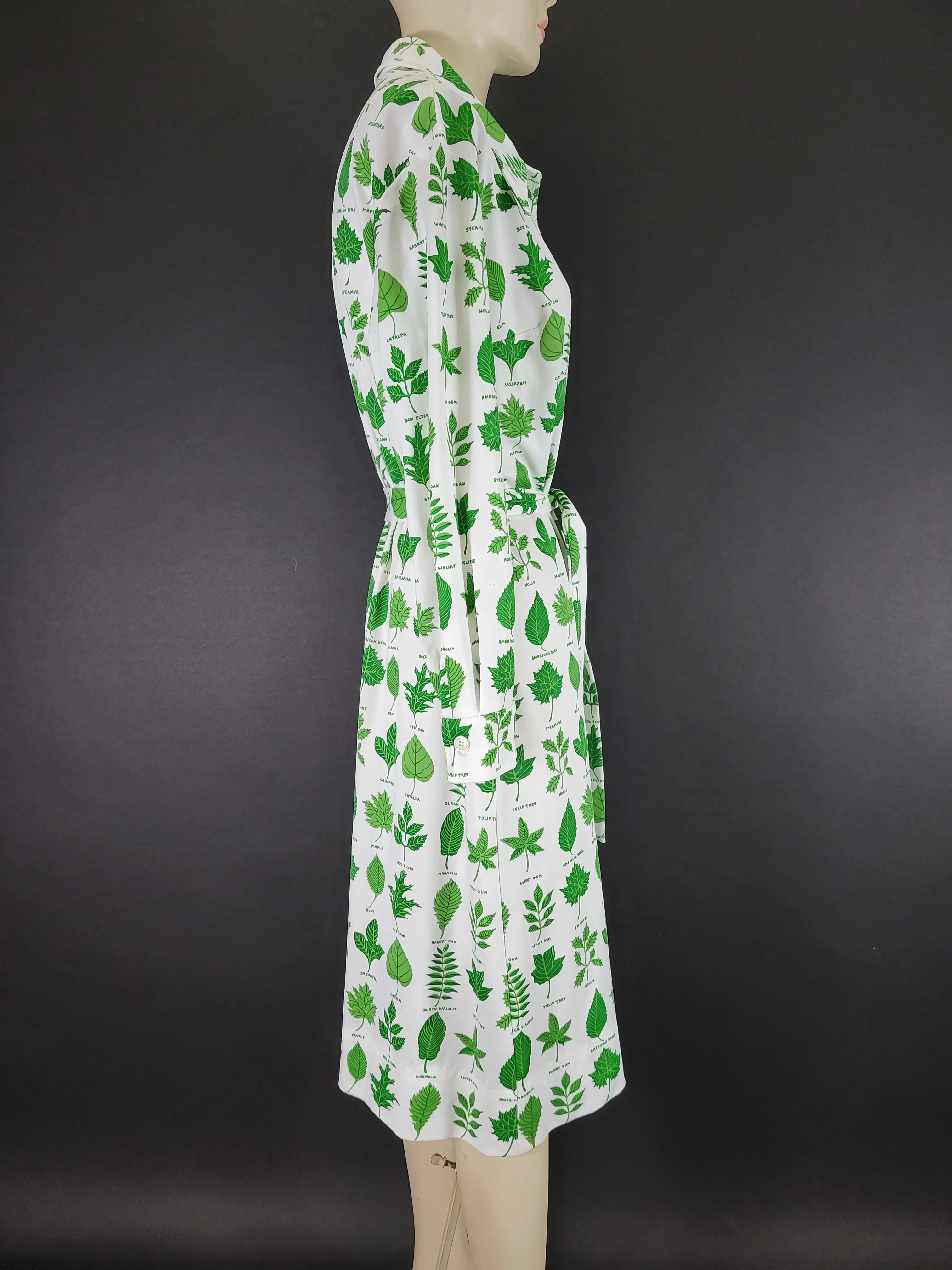 60s/70s Mod Long Sleeve Leaf Print Dagger Collar Dress By Serbin Designed by Muriel Ryan - Image 10