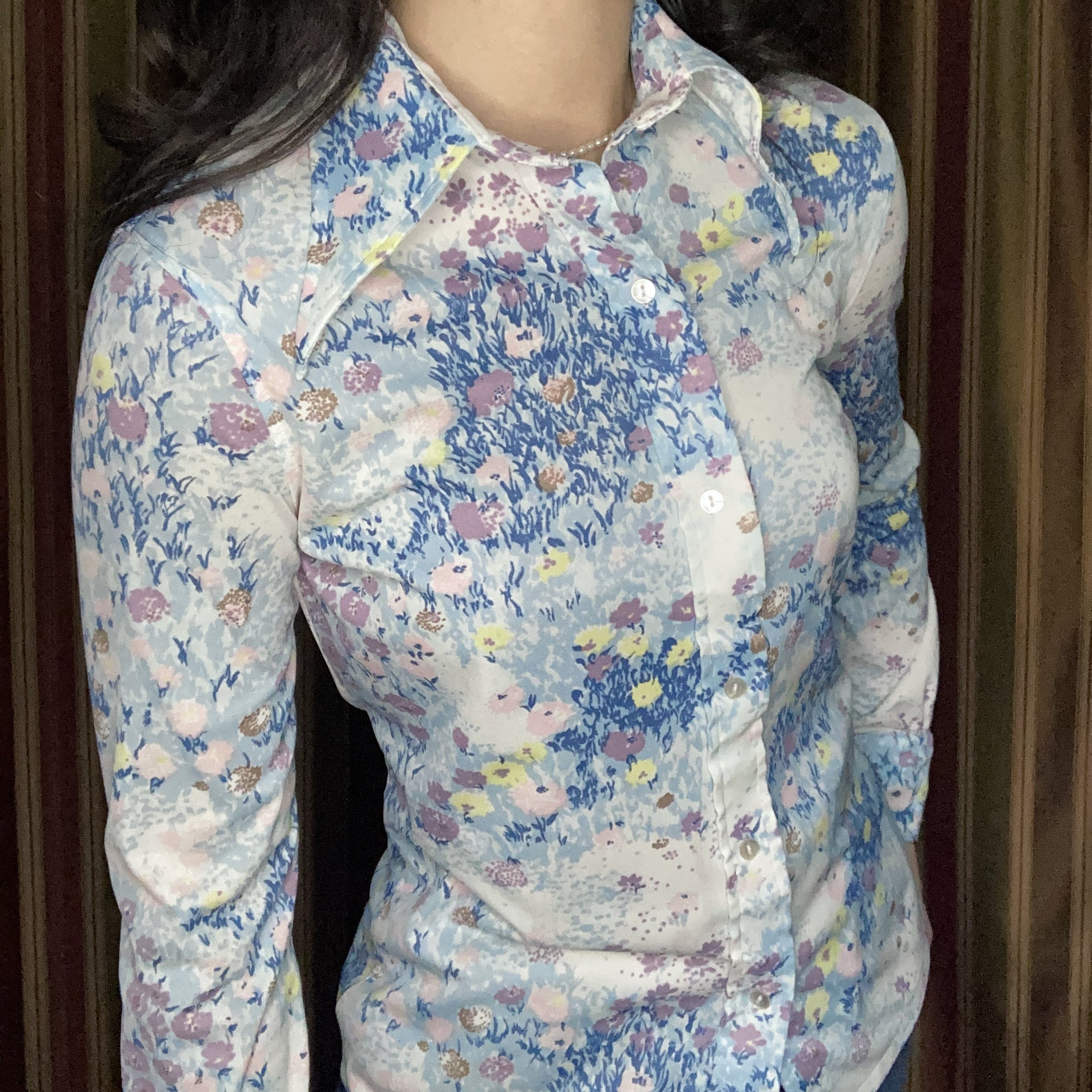 60s/70s Monet Flower Power Dagger Collar Button Down Shirt By Loubella - Image 6