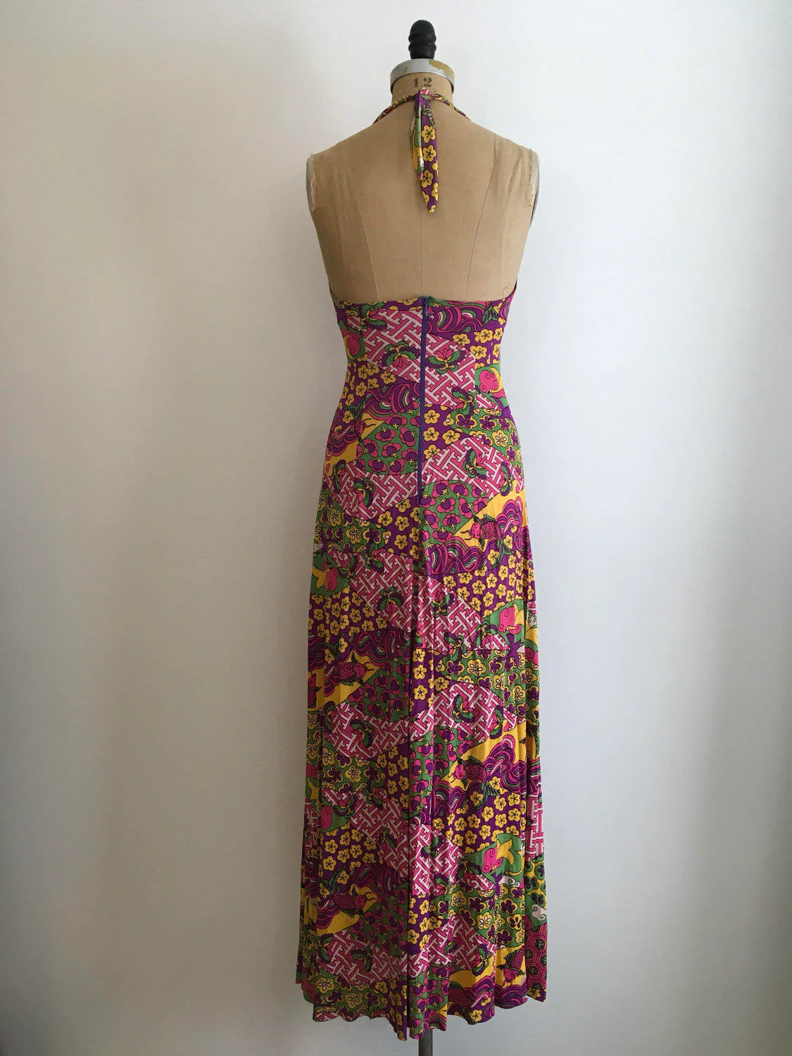 60's/70's Novelty Print Op Art Halter Maxi Dress - Image 2