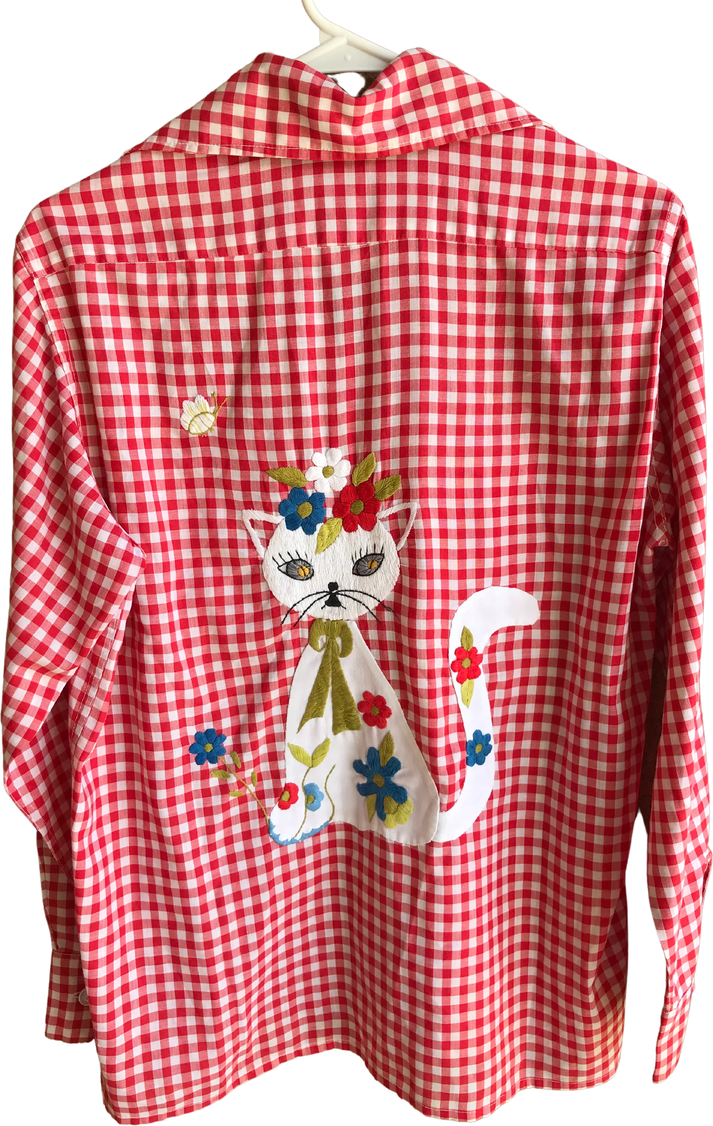 60s/70s One-of-a-kind Cat Applique Checked Red/white Shirt - Image 2