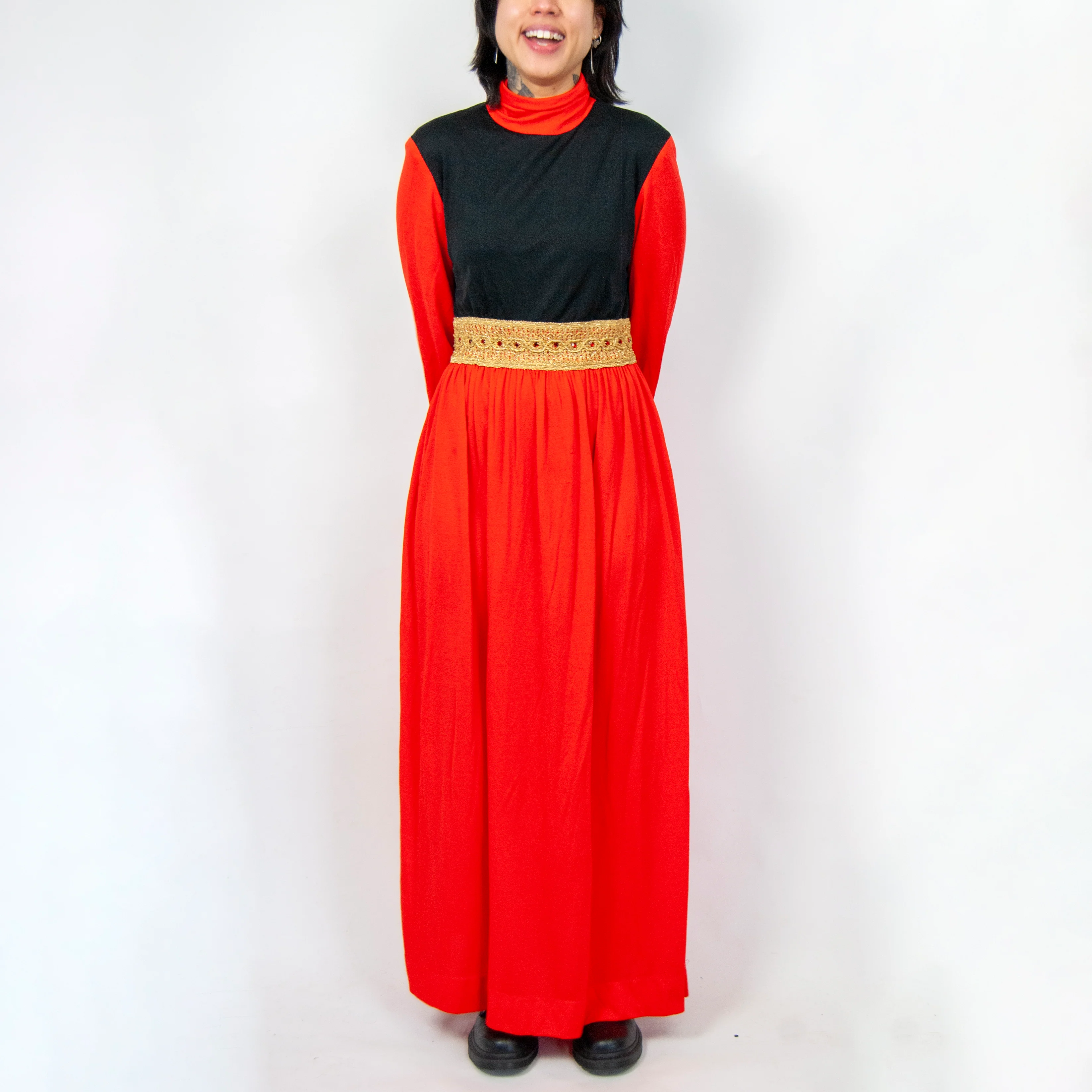 60s/70s Orange Black And Gold Embellished Maxi Dress - Image 3