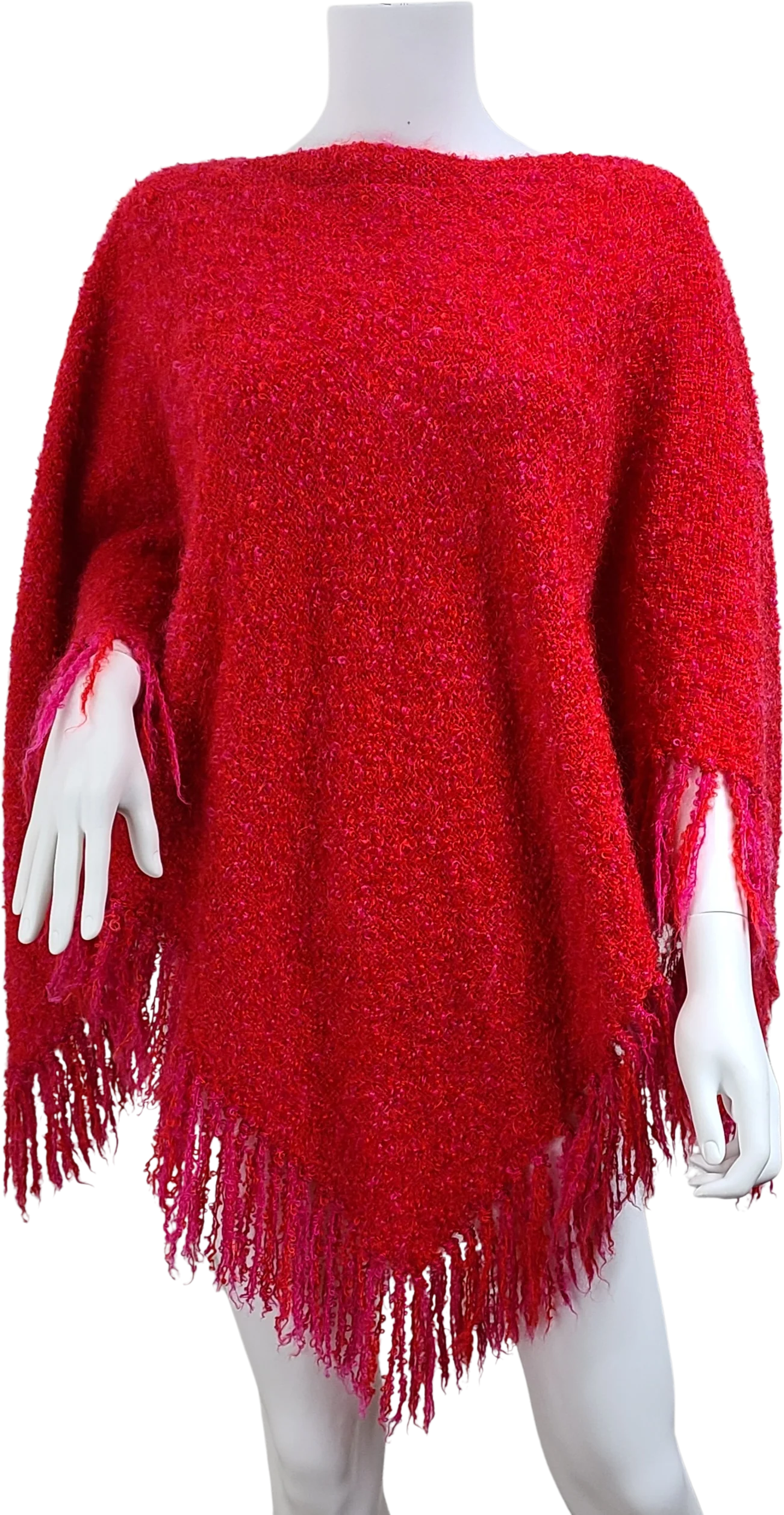 60s/70s Osfm Vintage Magenta Bouclé Fringe Poncho By Del Sol Inc