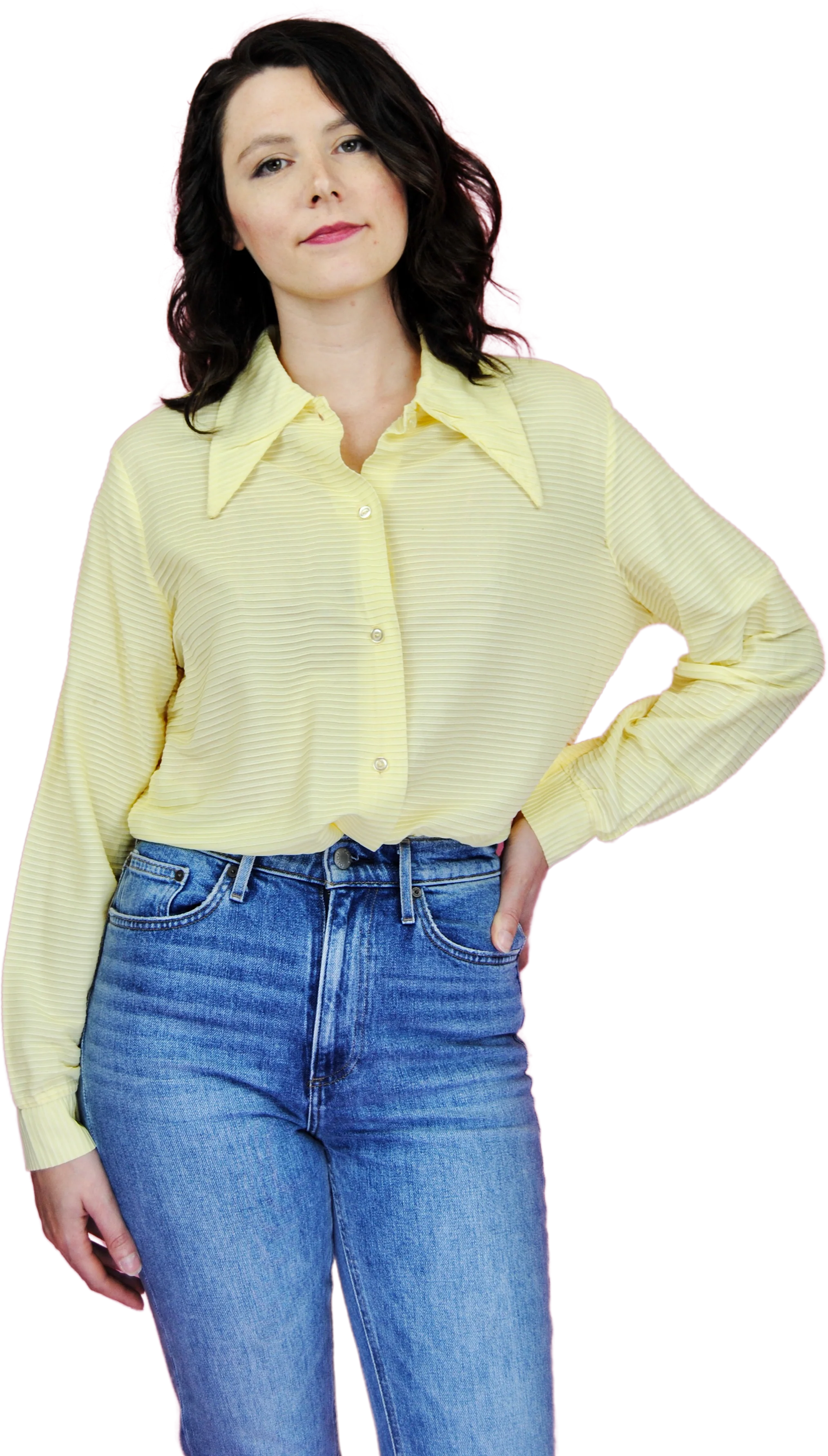 60s/70s Pale Yellow Ribbed Button Down
