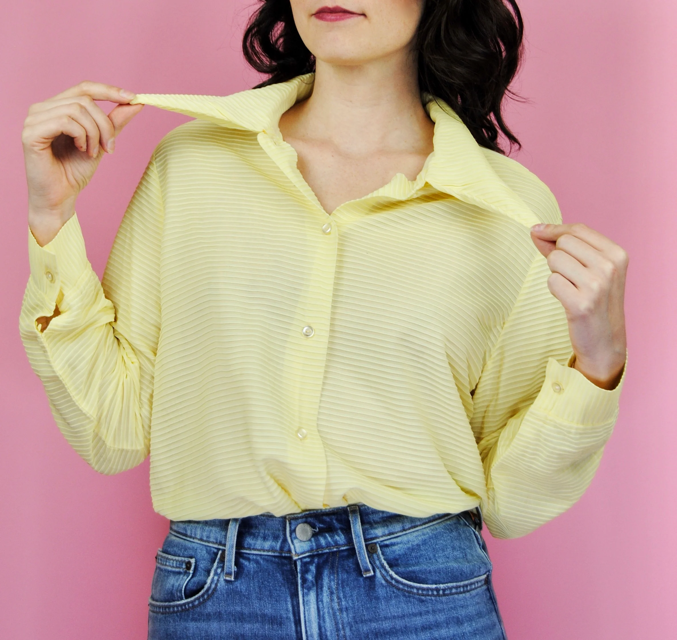 60s/70s Pale Yellow Ribbed Button Down - Image 3