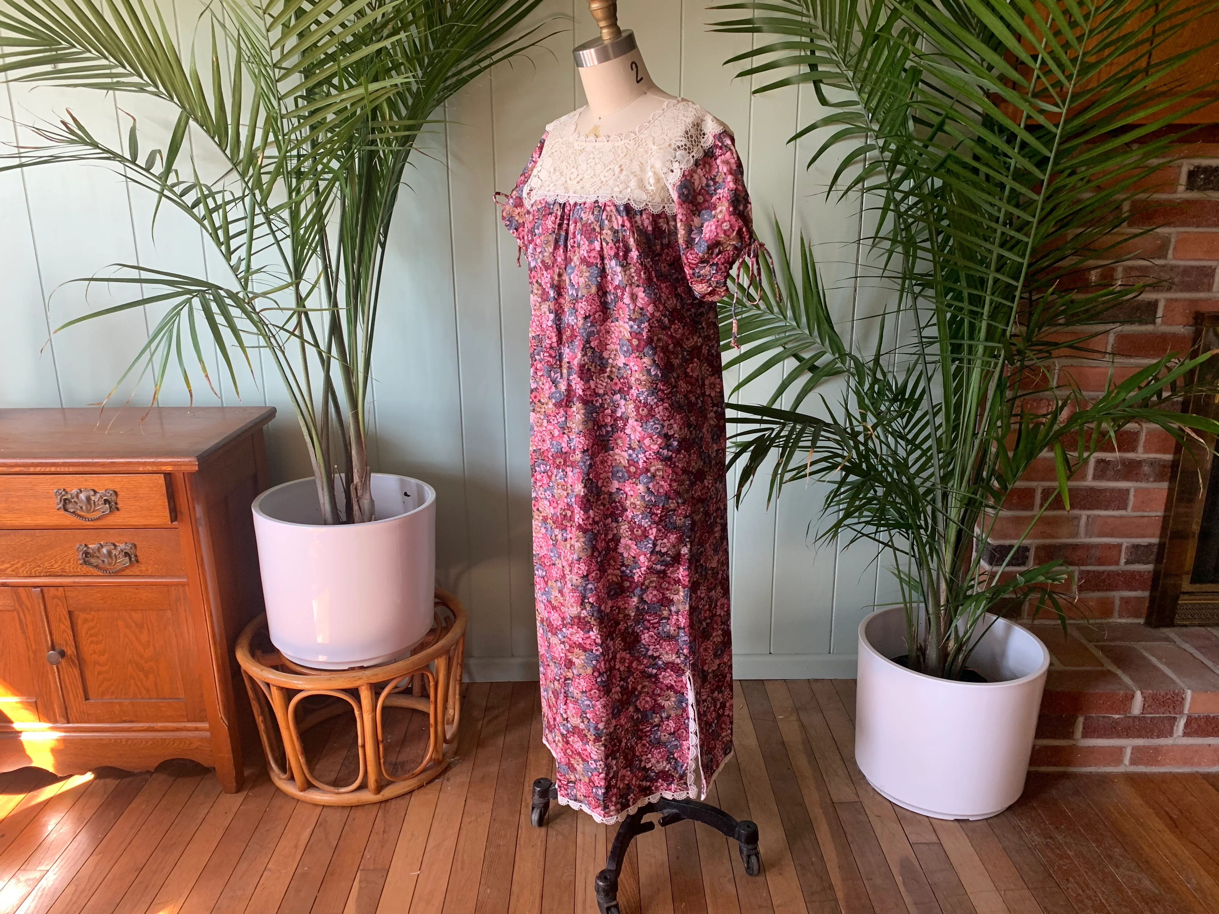 60s/70s Pink And Blue Floral Hawaiian Muumuu Dress By Andrade Honolulu - Image 4