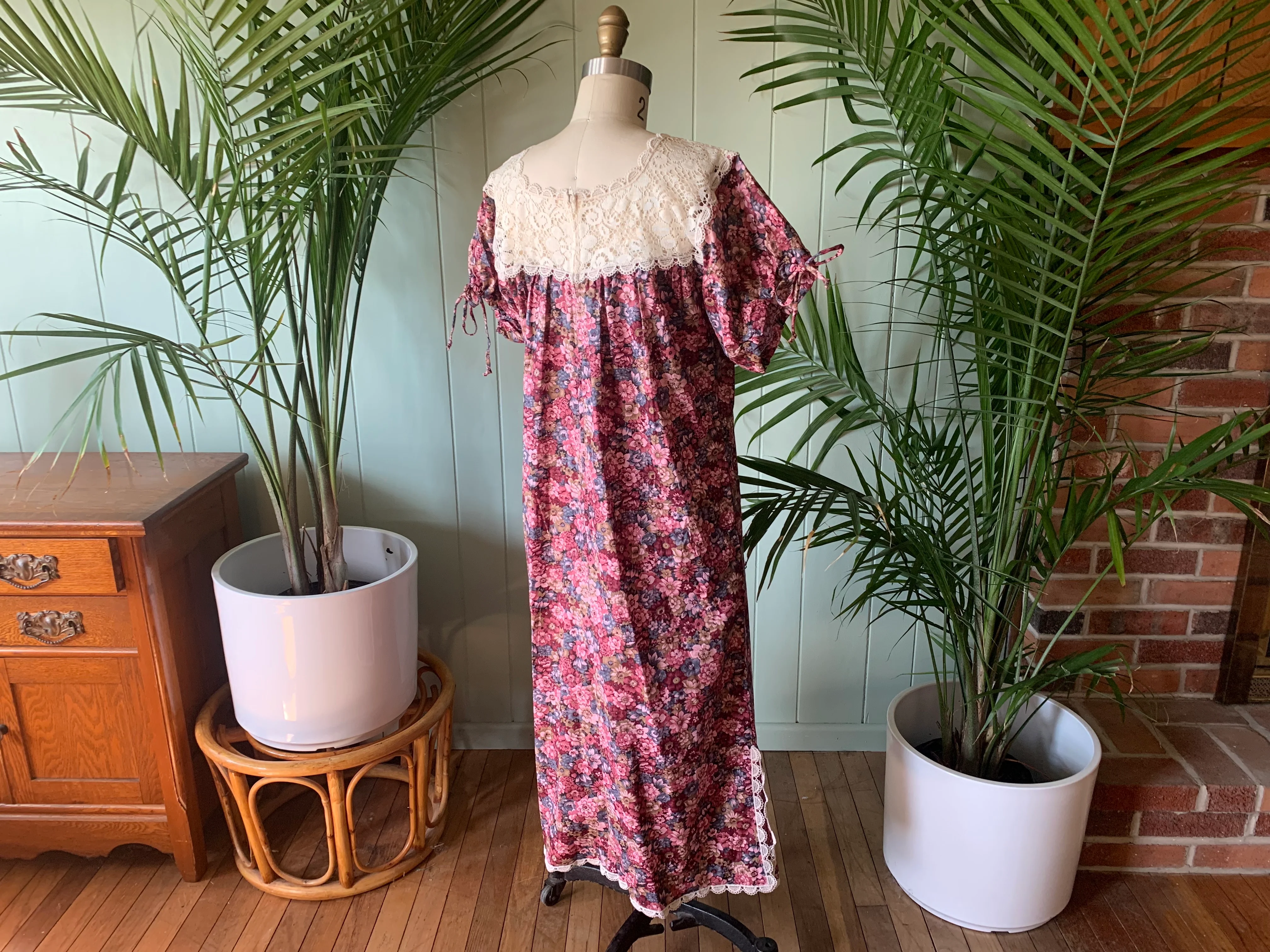 60s/70s Pink And Blue Floral Hawaiian Muumuu Dress By Andrade Honolulu - Image 7
