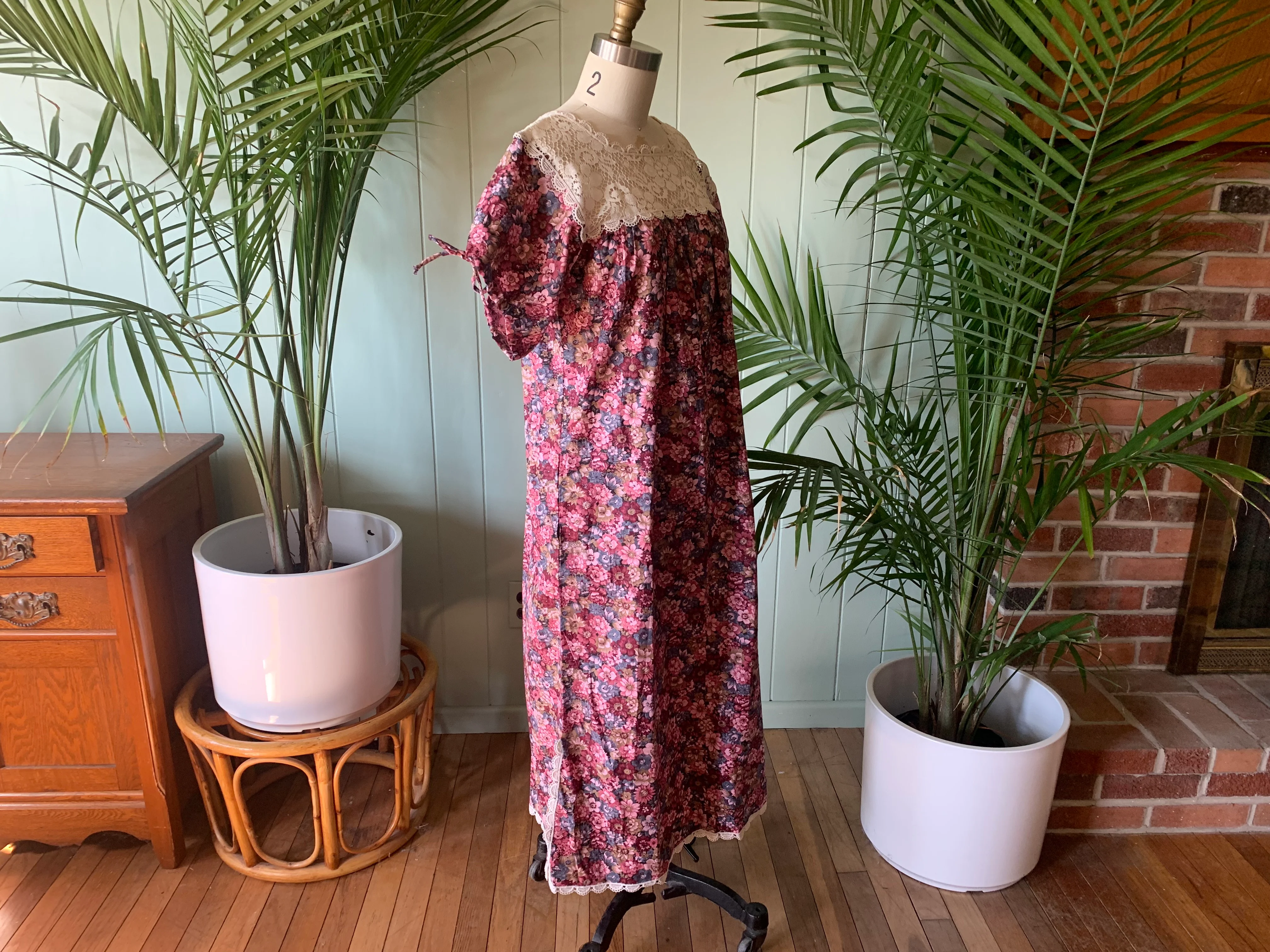 60s/70s Pink And Blue Floral Hawaiian Muumuu Dress By Andrade Honolulu - Image 9