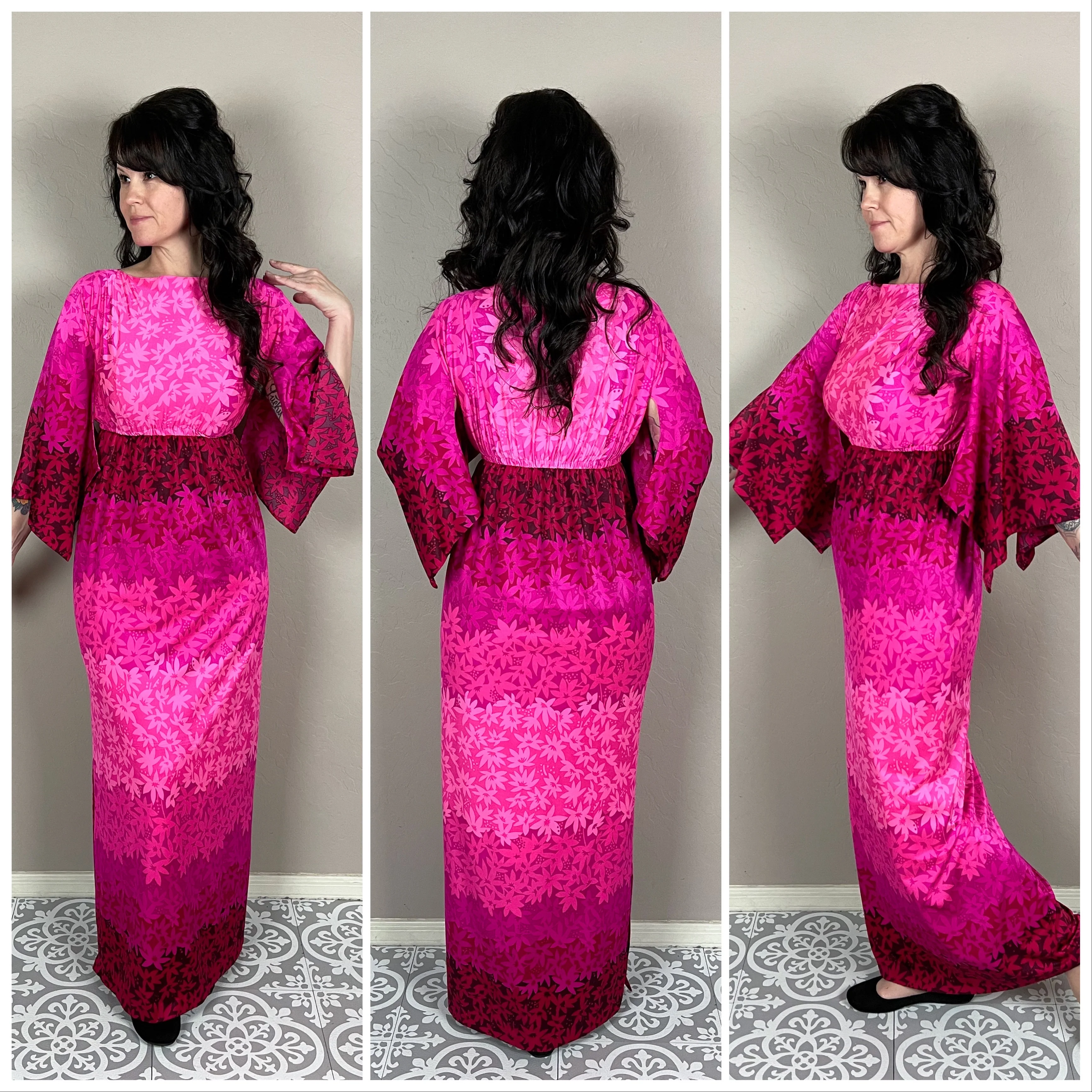 60s/70s Pink Floral Ombré Sleeve Maxi Dress - Image 3