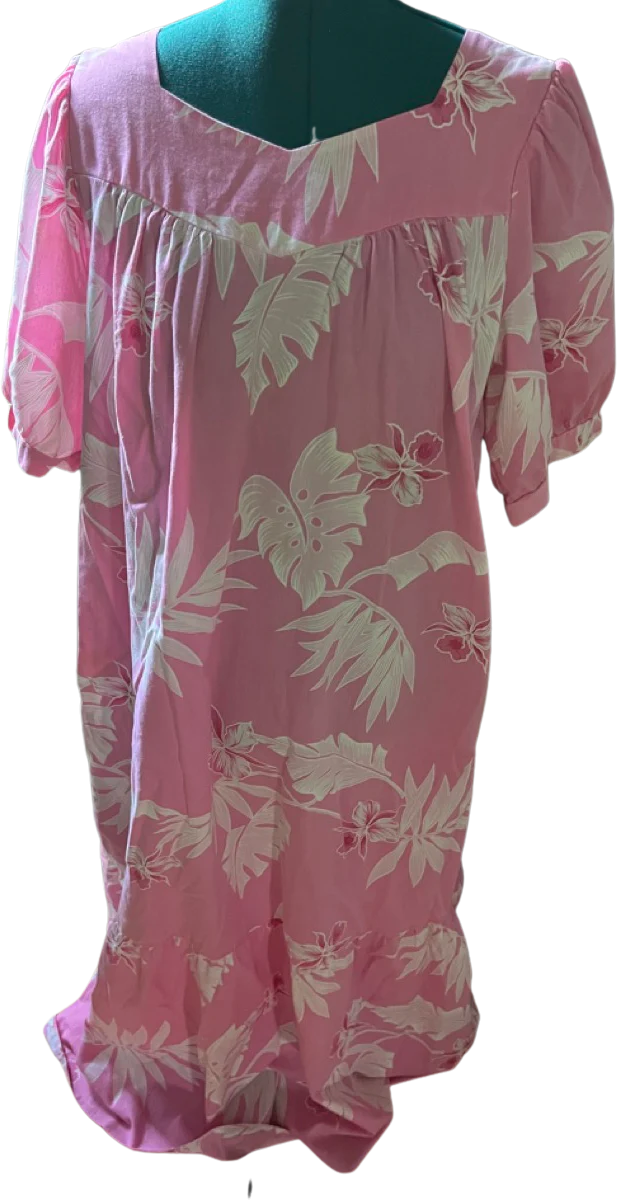 60s/70s Pink Hawaiian Flower Motif Housecoat Short Sleeve