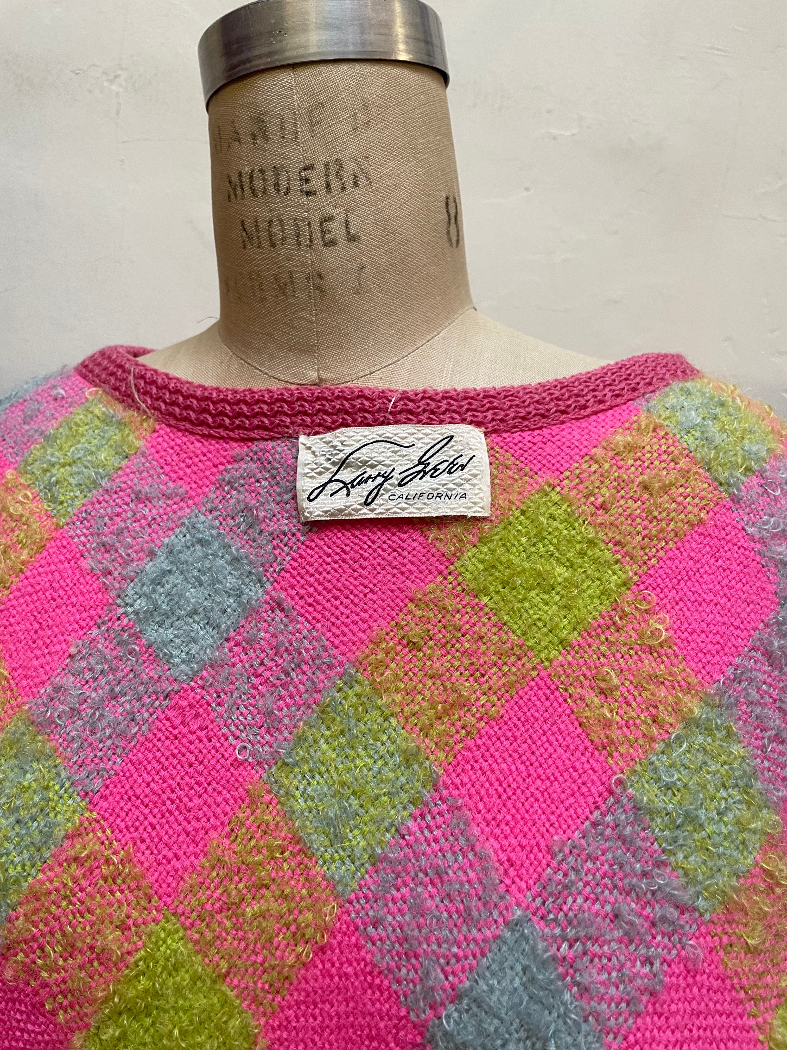 60s/70s Pink Plaid Fringe Poncho By Larry Green - Image 4