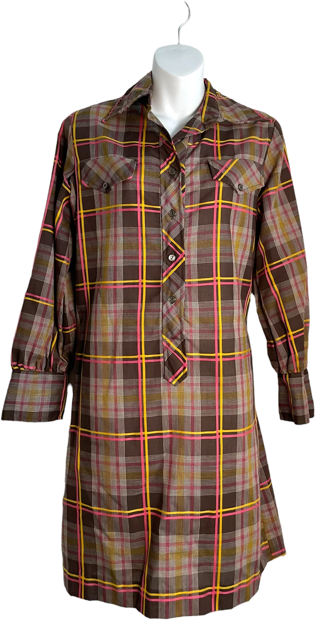 60s/70s Plaid Fly Collar Button Faus Pocket Shirt Dress By Fritzi California