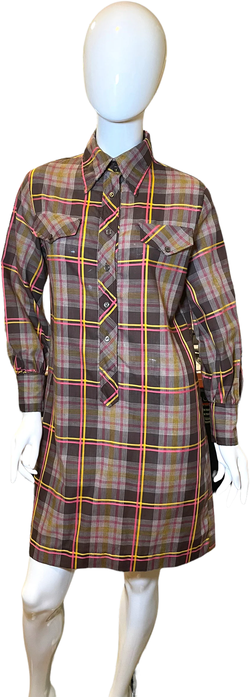 60s/70s Plaid Fly Collar Button Faus Pocket Shirt Dress By Fritzi California - Image 3