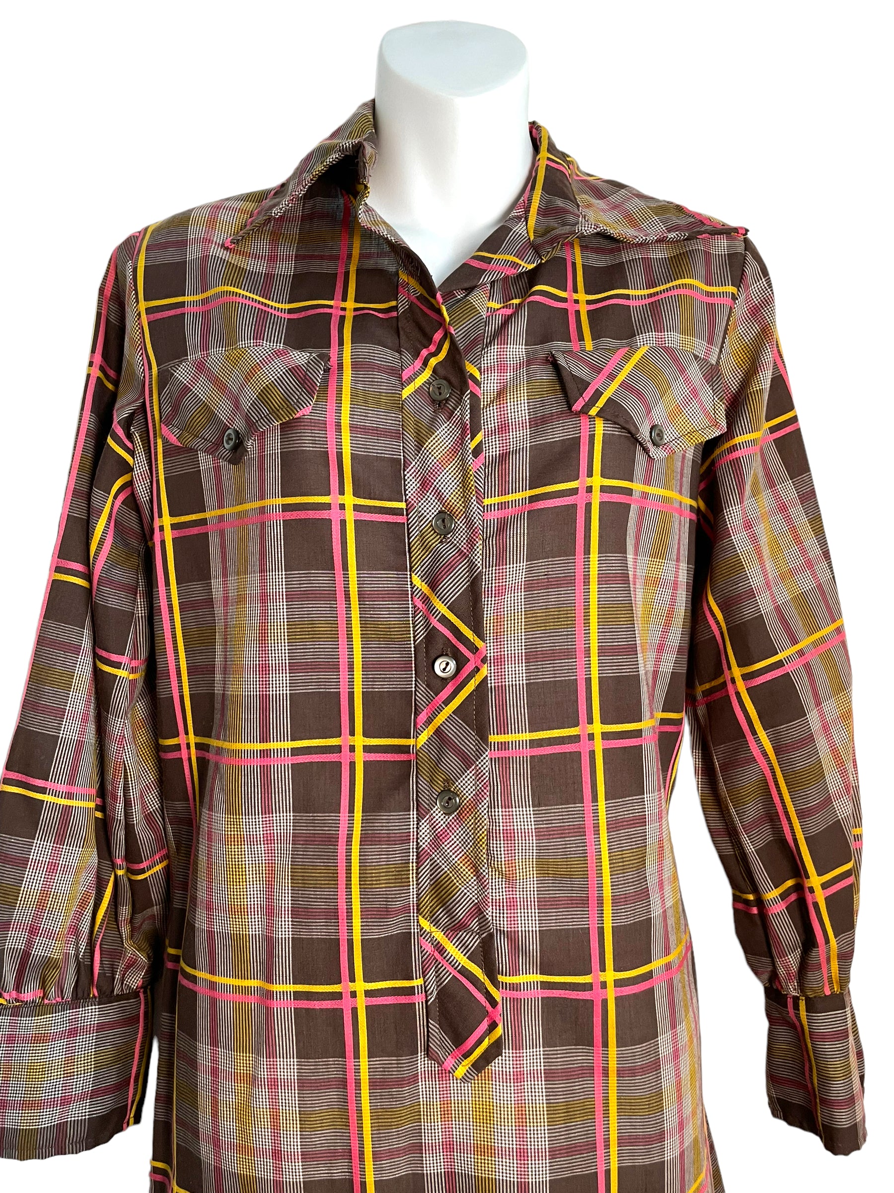 60s/70s Plaid Fly Collar Button Faus Pocket Shirt Dress By Fritzi California - Image 5