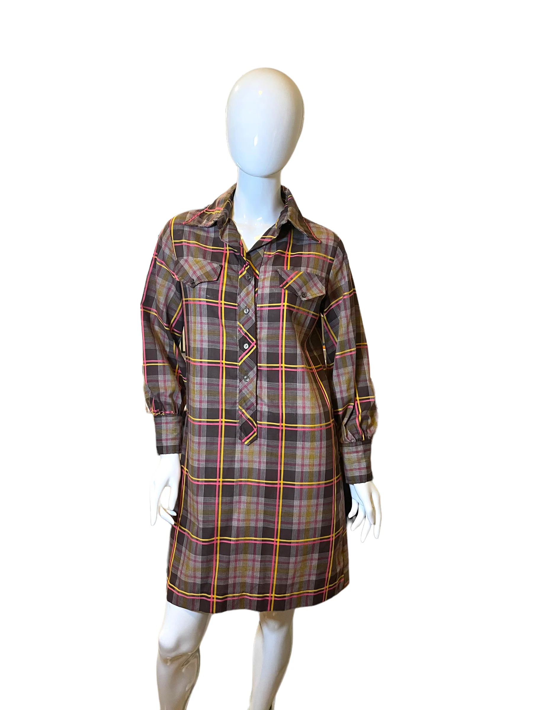 60s/70s Plaid Fly Collar Button Faus Pocket Shirt Dress By Fritzi California - Image 6