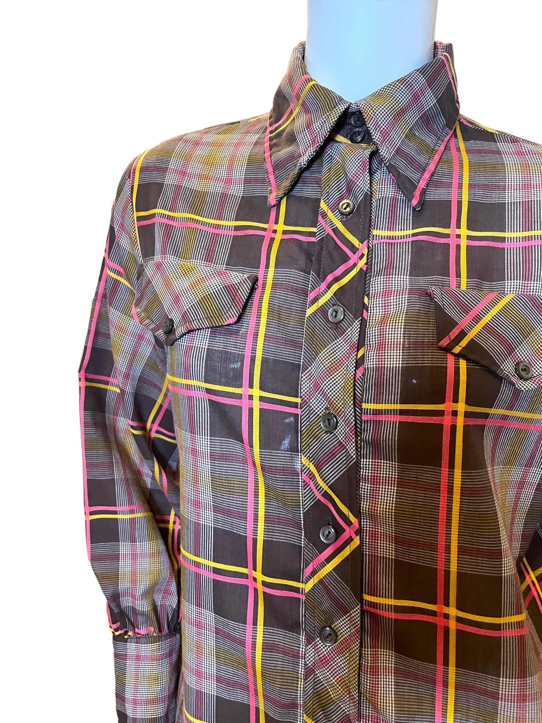 60s/70s Plaid Fly Collar Button Faus Pocket Shirt Dress By Fritzi California - Image 7