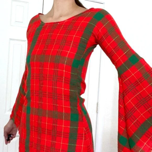 60s/70s Plaid Tartan Wool Mini Dress With Huge Bell Sleeve By Vintage Bell Sleeve Wool Dress - Image 5