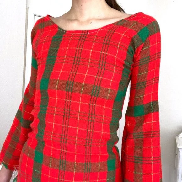 60s/70s Plaid Tartan Wool Mini Dress With Huge Bell Sleeve By Vintage Bell Sleeve Wool Dress - Image 6