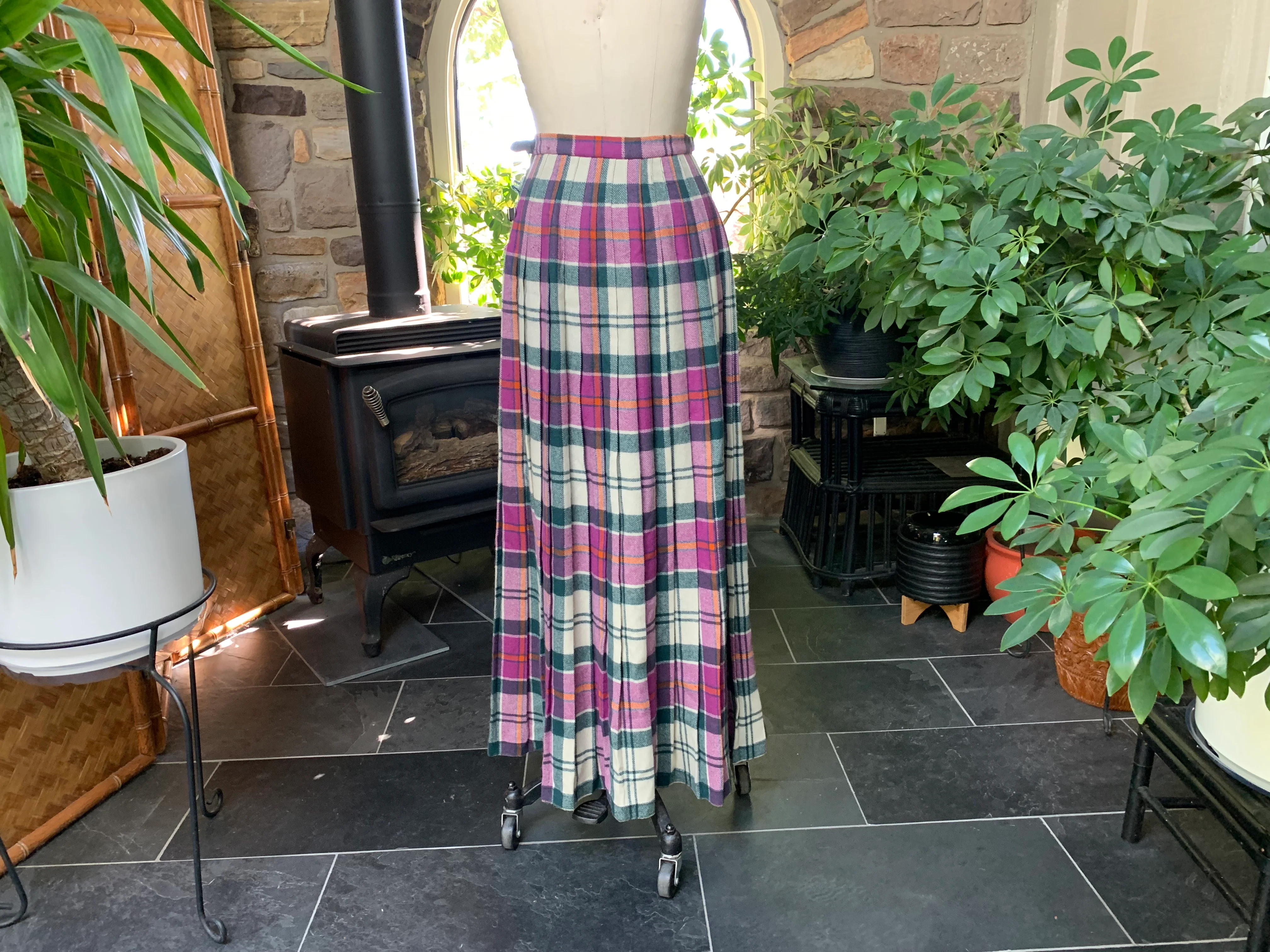 60s/70s Purple Green Plaid Wool Pleated Wrap Maxi Skirt By Clan Laird Scotland - Image 2