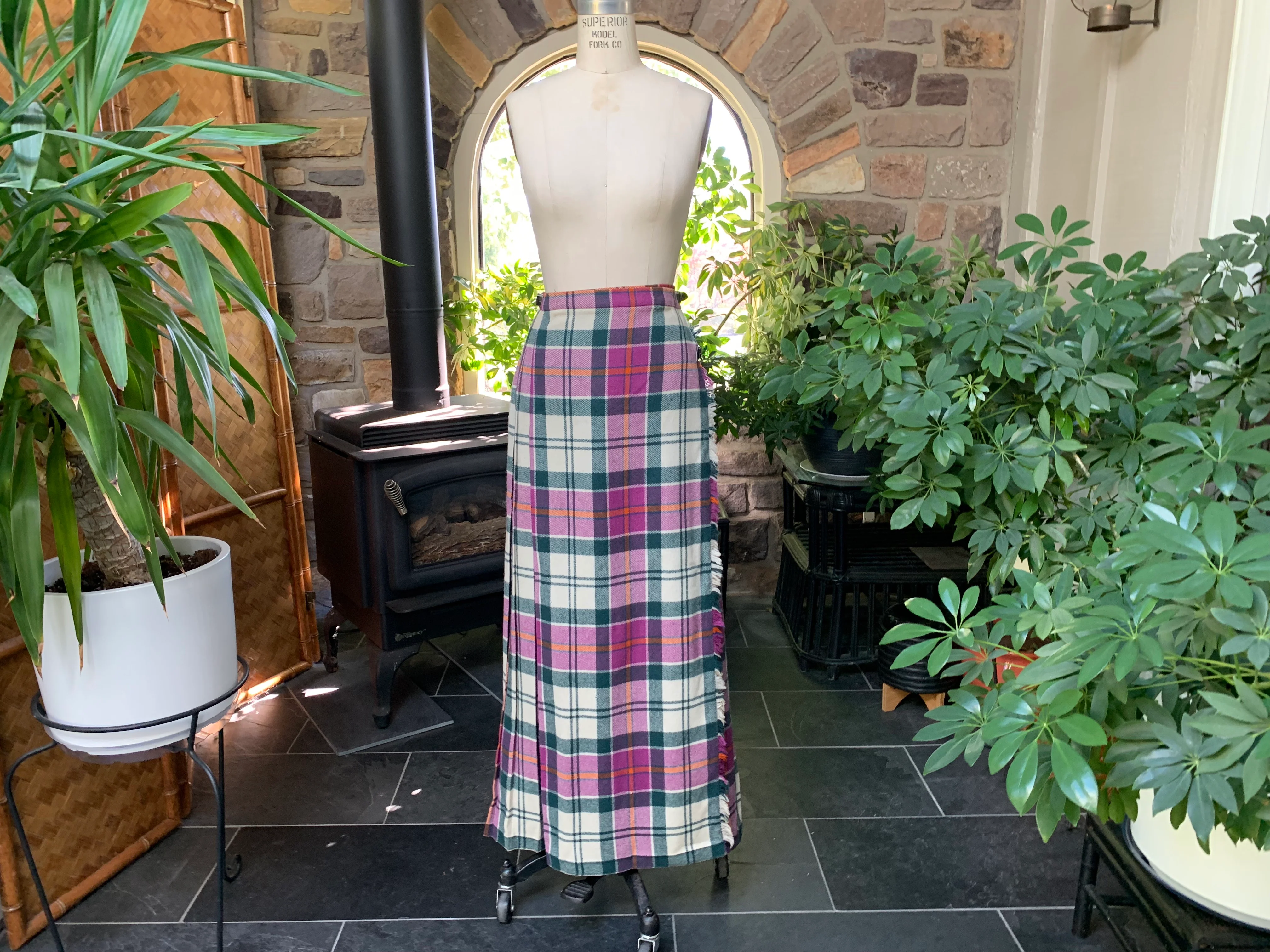60s/70s Purple Green Plaid Wool Pleated Wrap Maxi Skirt By Clan Laird Scotland - Image 3