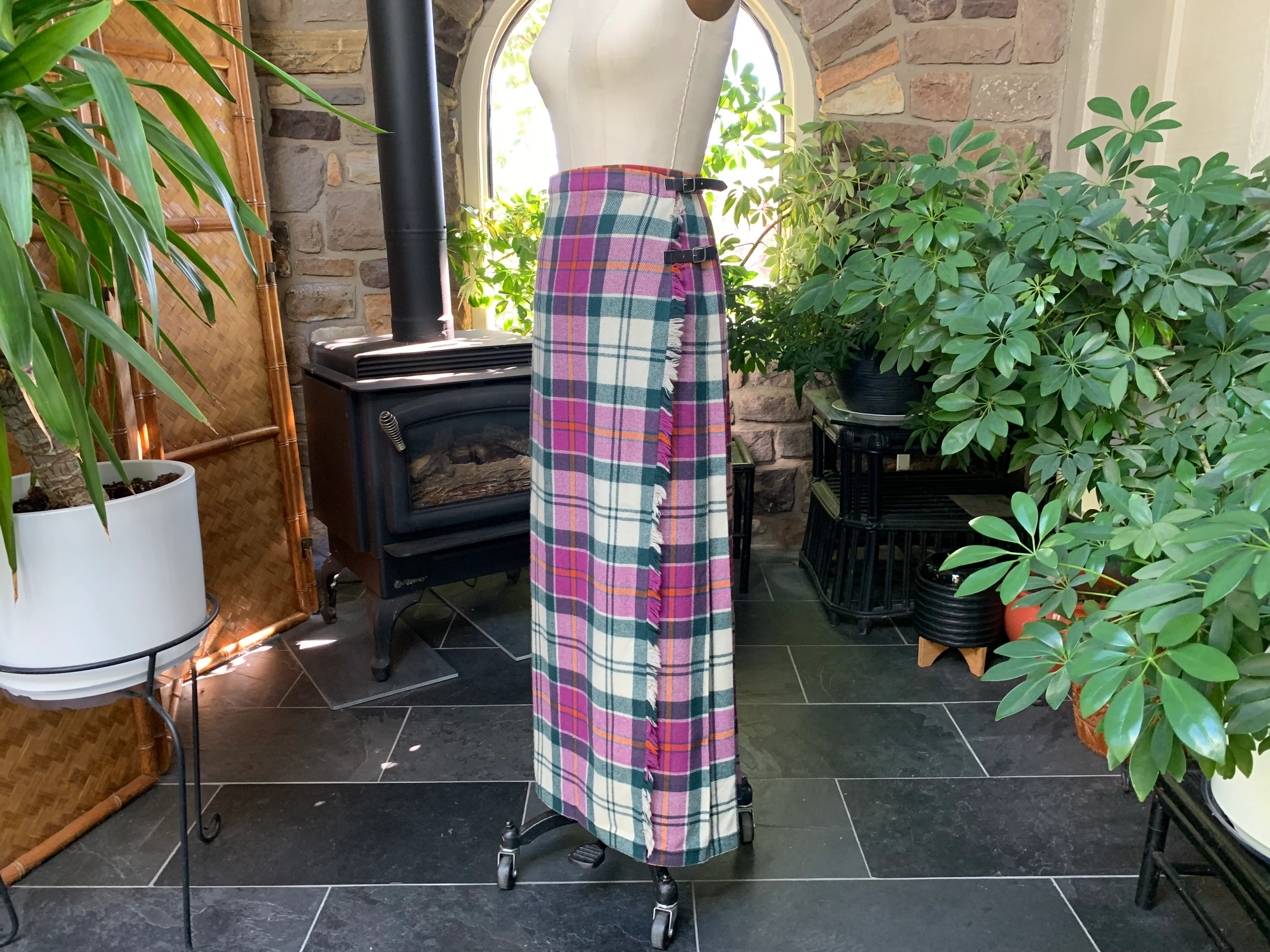 60s/70s Purple Green Plaid Wool Pleated Wrap Maxi Skirt By Clan Laird Scotland - Image 4
