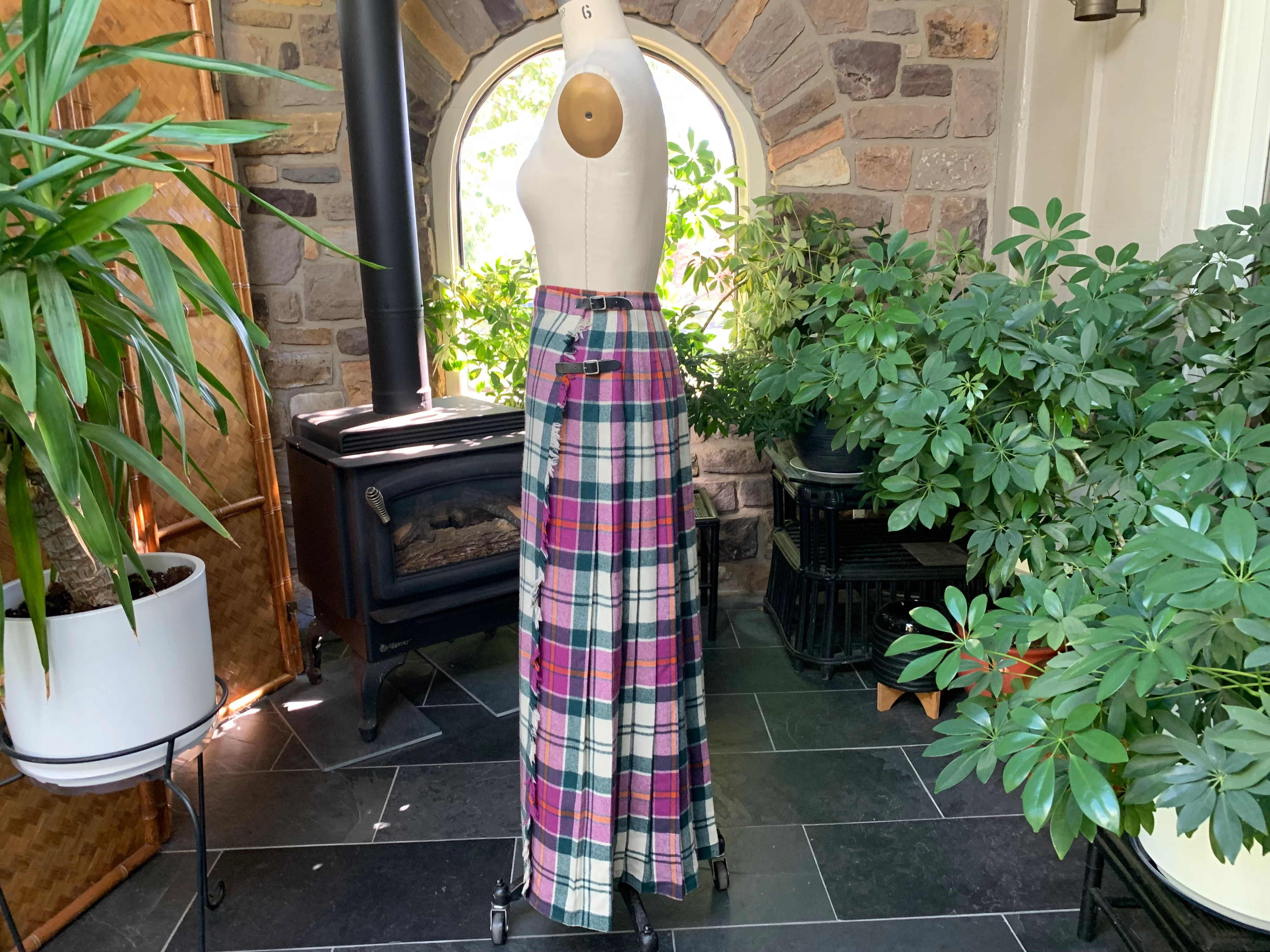 60s/70s Purple Green Plaid Wool Pleated Wrap Maxi Skirt By Clan Laird Scotland - Image 5