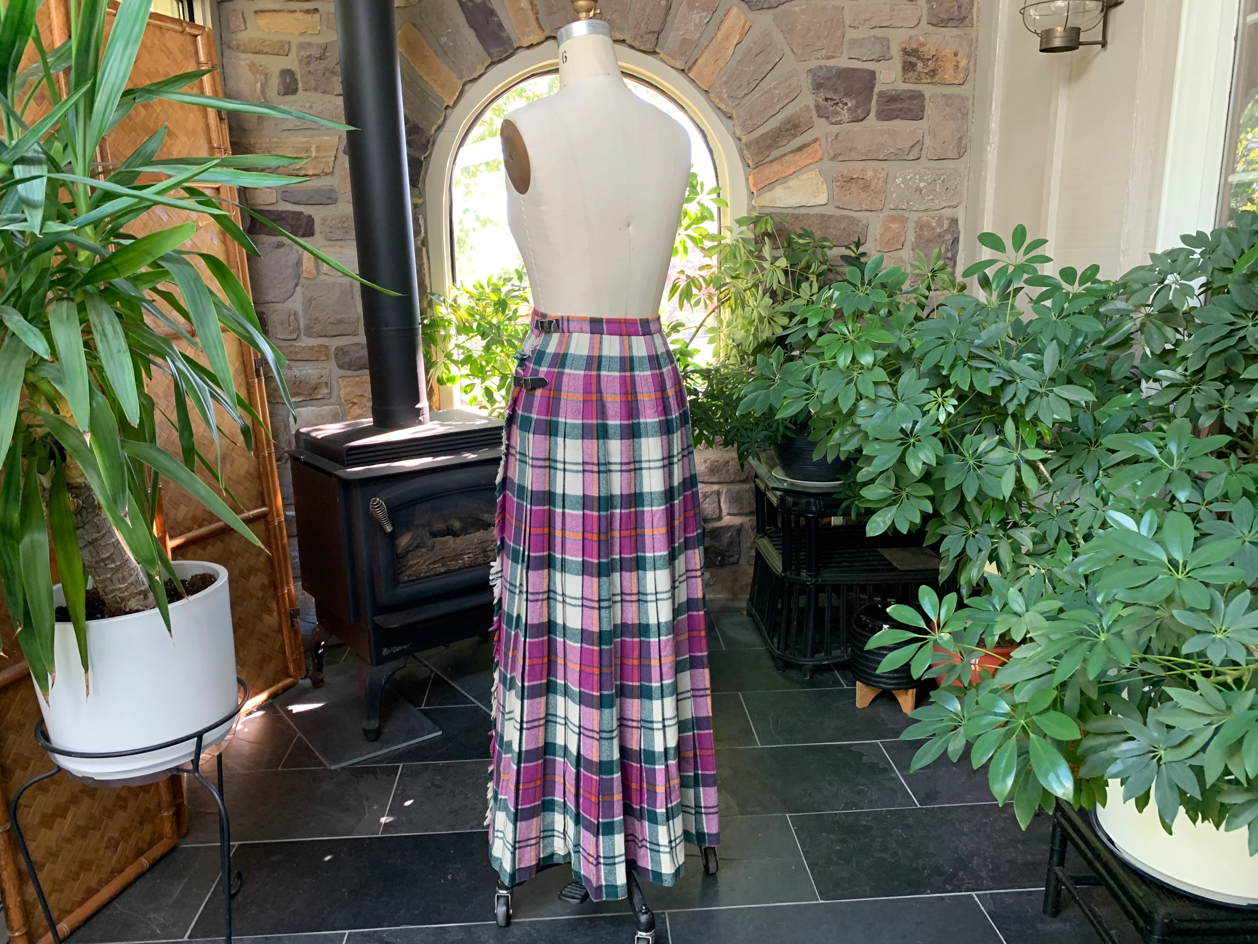 60s/70s Purple Green Plaid Wool Pleated Wrap Maxi Skirt By Clan Laird Scotland - Image 6