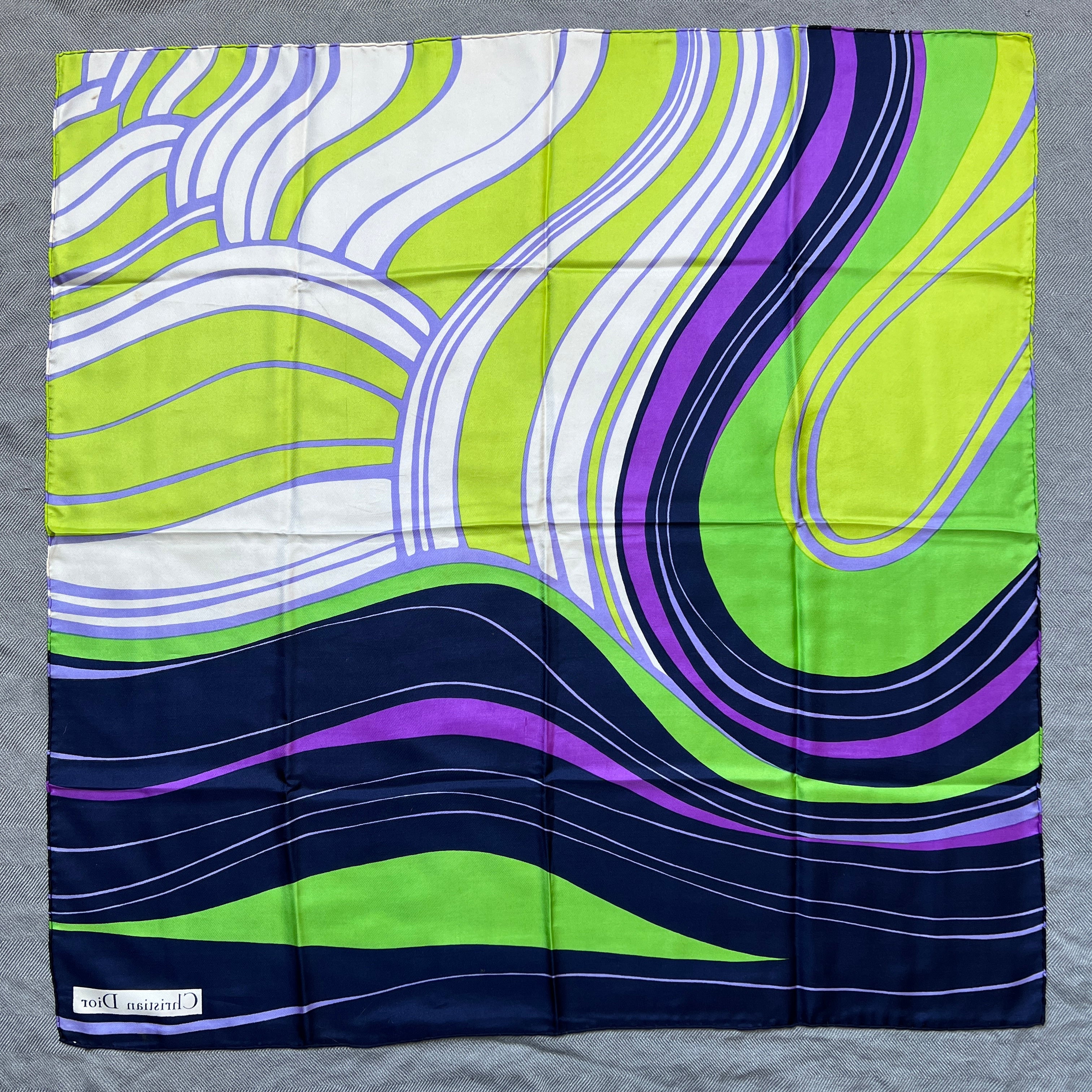 60s/70s Purple Green Psychedlic Mod Swirl Square Scarf By Christian Dior - Image 15