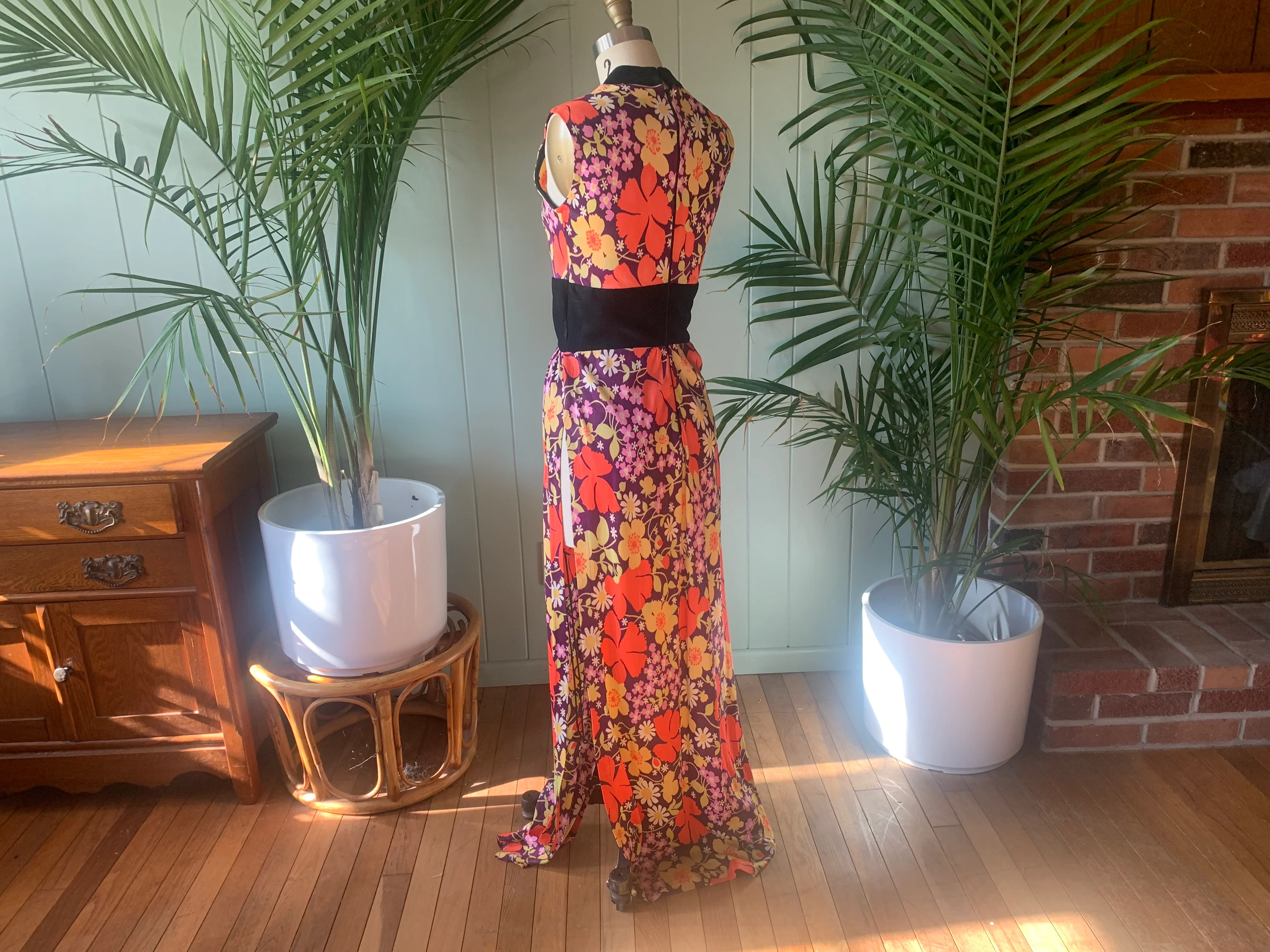 60s/70s Purple Orange Floral Jersey Knit Maxi Tunic Dress - Image 6